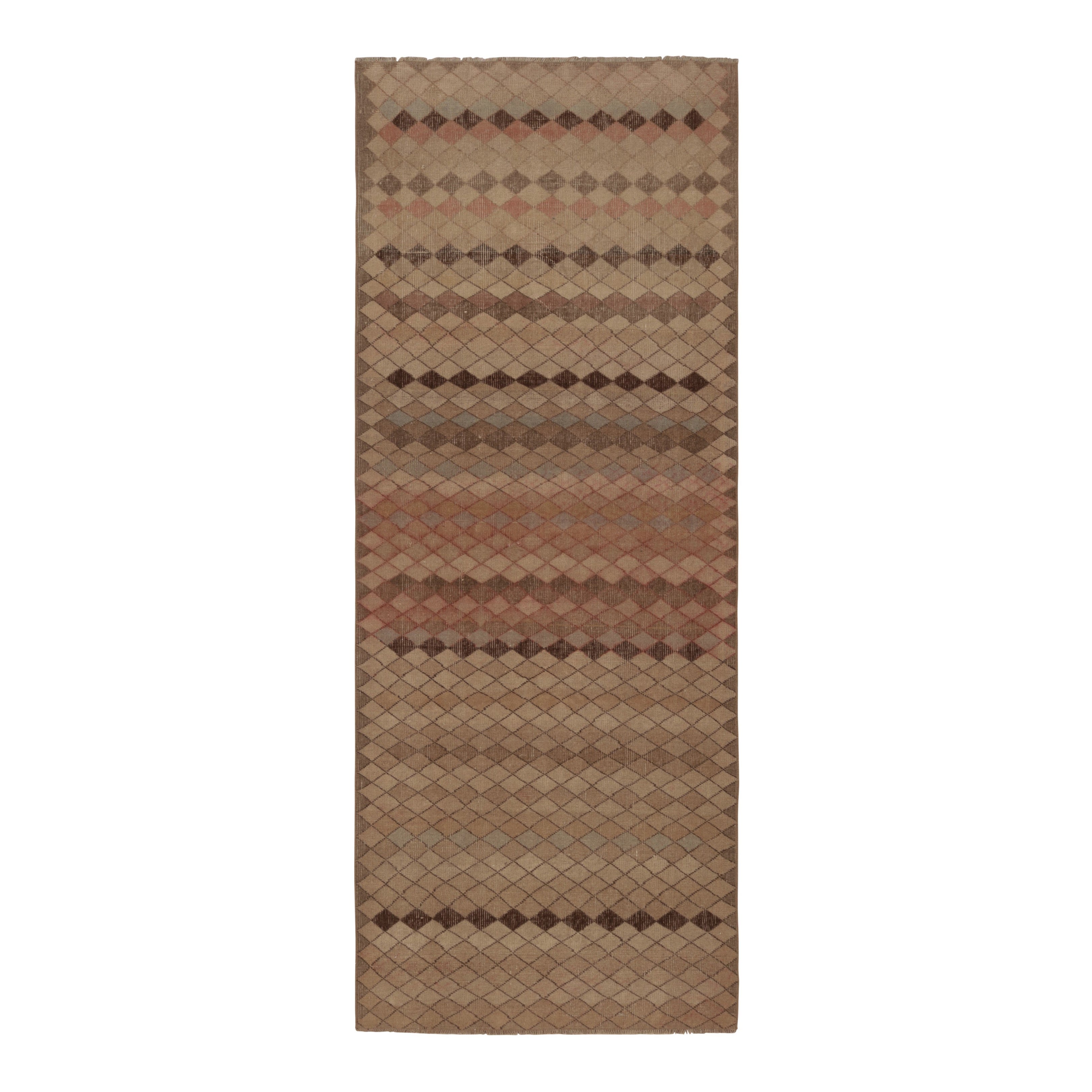 Vintage Turkish Runner Rug in Beige-Brown with Diamond Patterns  - Rug & Kilim For Sale