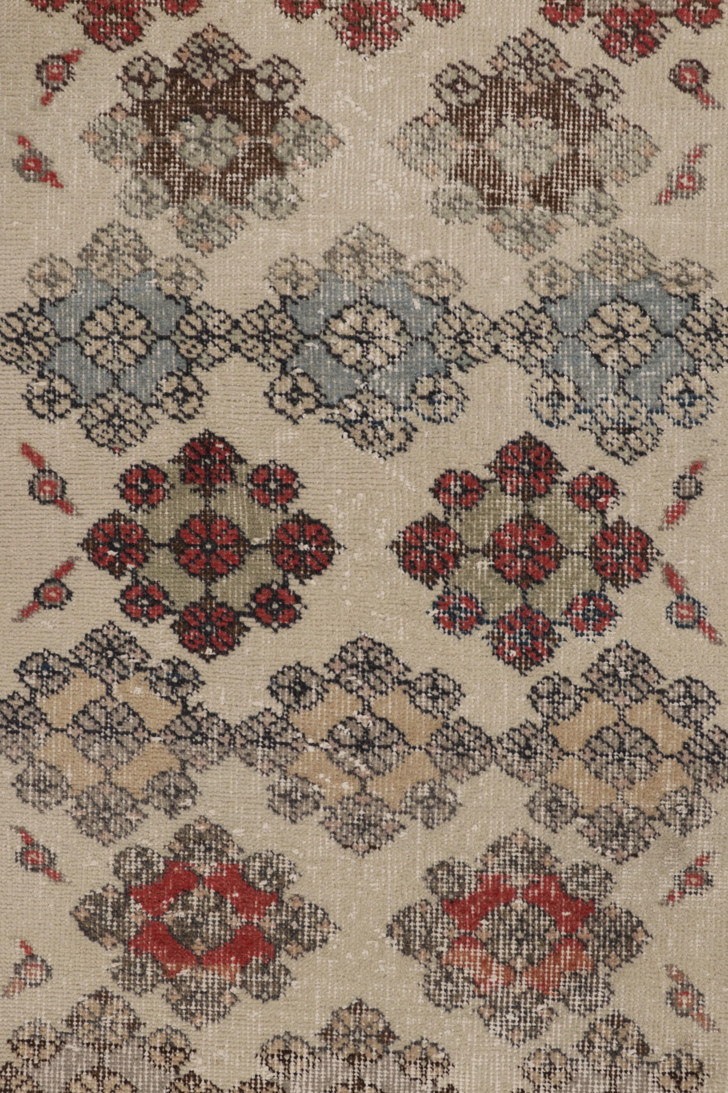 Wool Vintage Turkish Runner Rug in Beige-Cream with Floral Medallions - Rug & Kilim For Sale