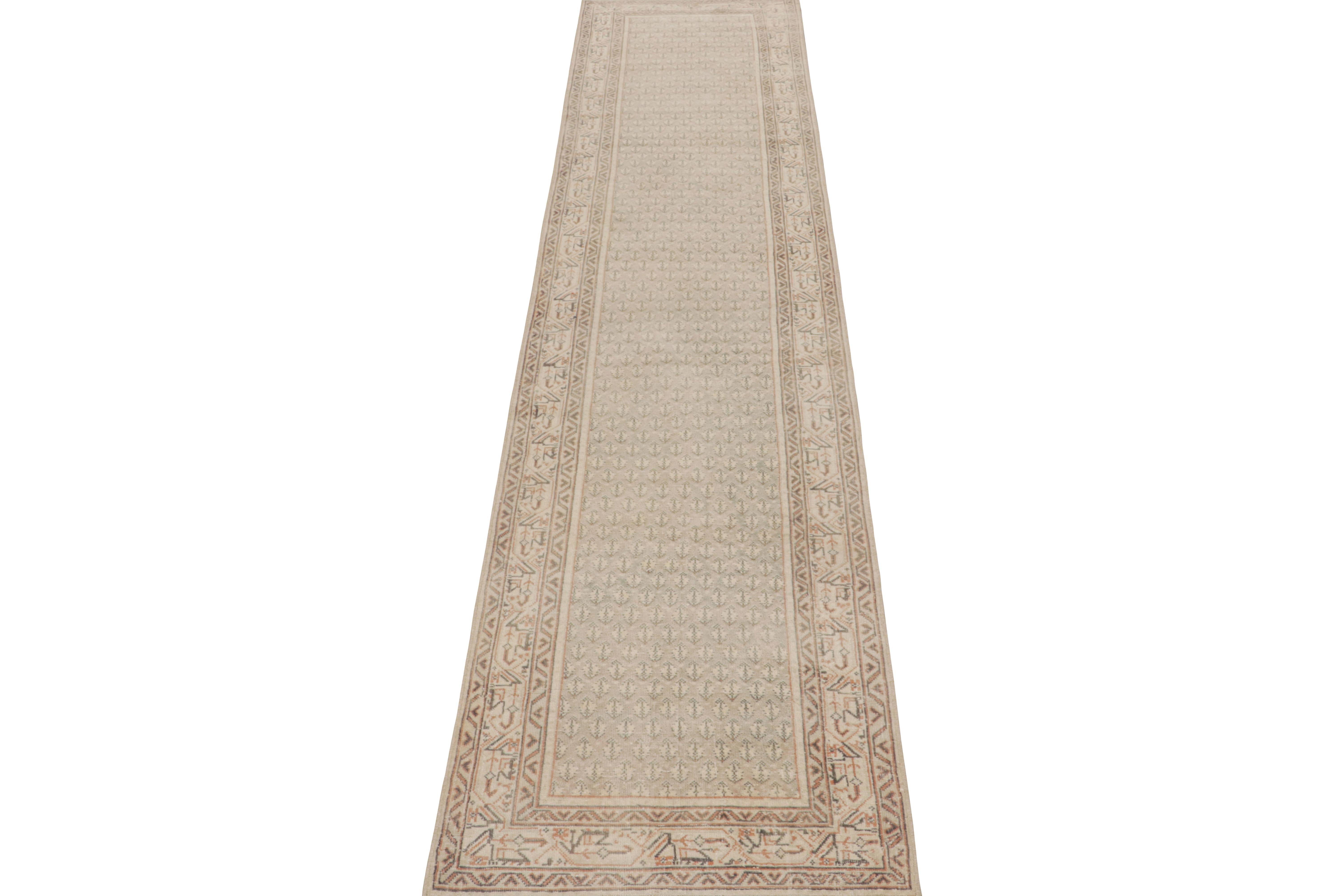 Hand-Knotted Vintage Turkish Runner Rug in Beige, with Geometric Patterns, from Rug & Kilim For Sale