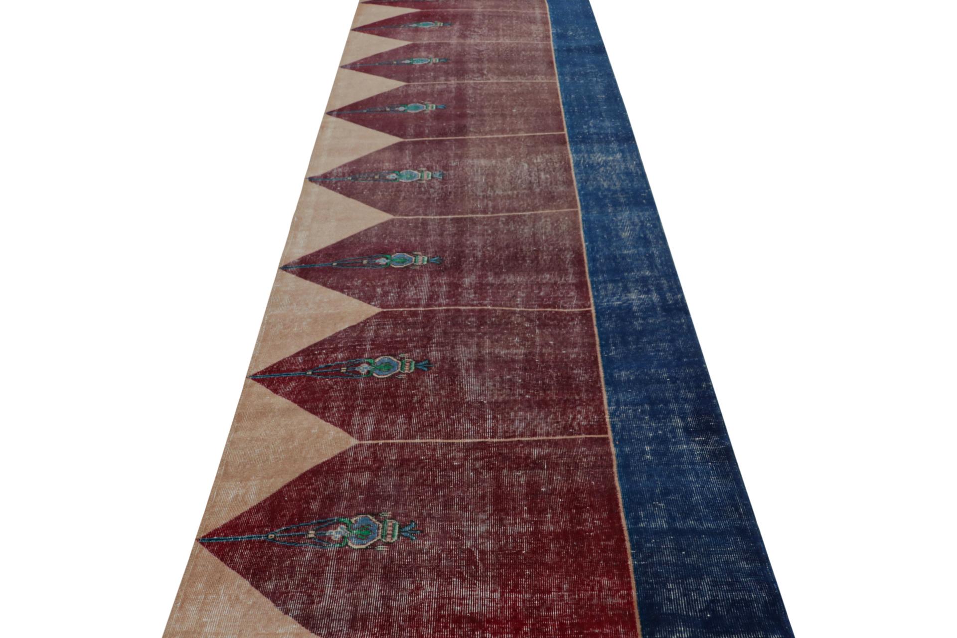 Hand-Knotted Vintage Turkish runner rug in Blue, Maroon and Brown Patterns by Rug & Kilim For Sale