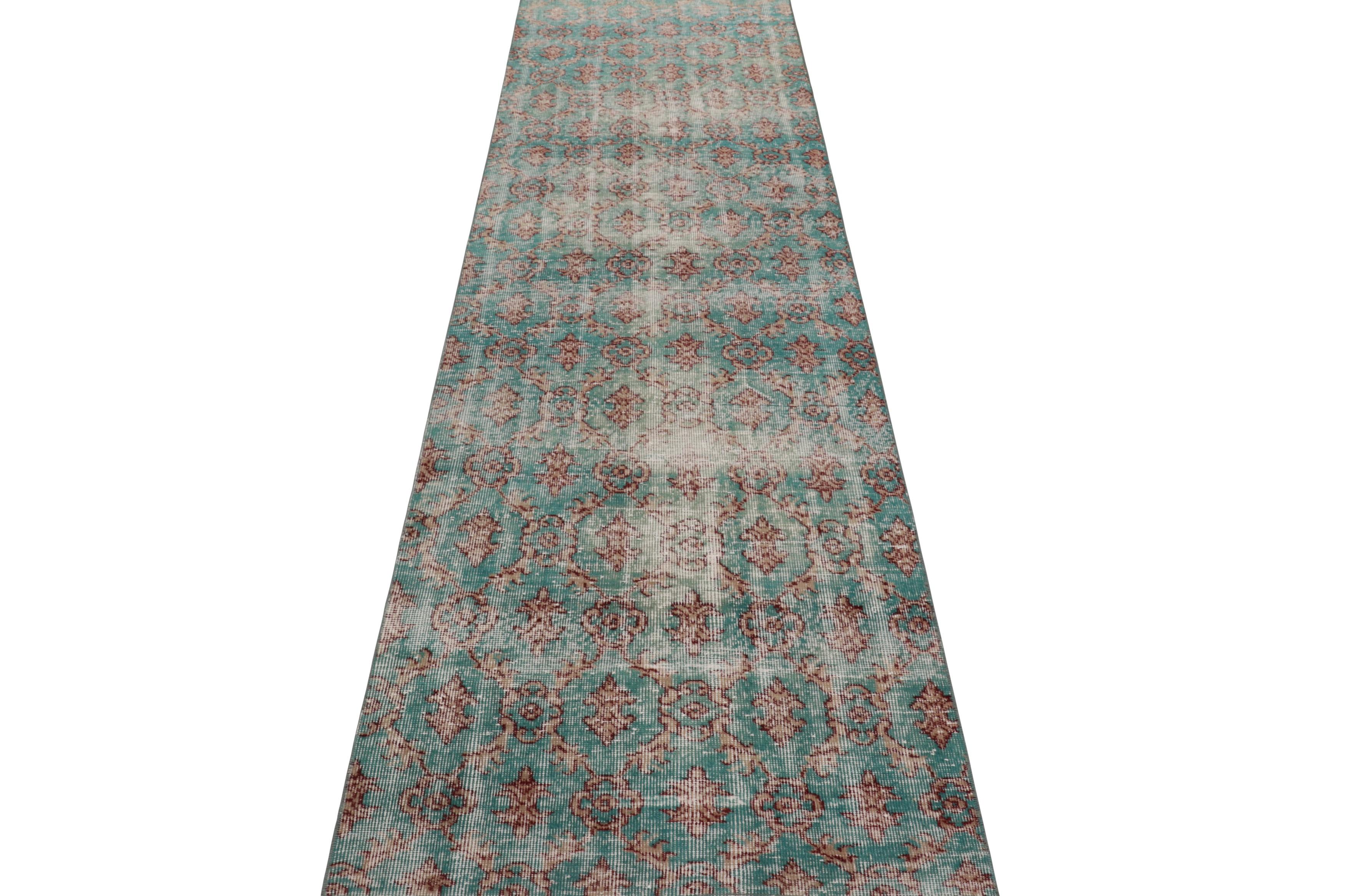 Vintage Turkish Runner Rug in Blue with Brown Floral Medallions - Rug & Kilim In Good Condition For Sale In Long Island City, NY
