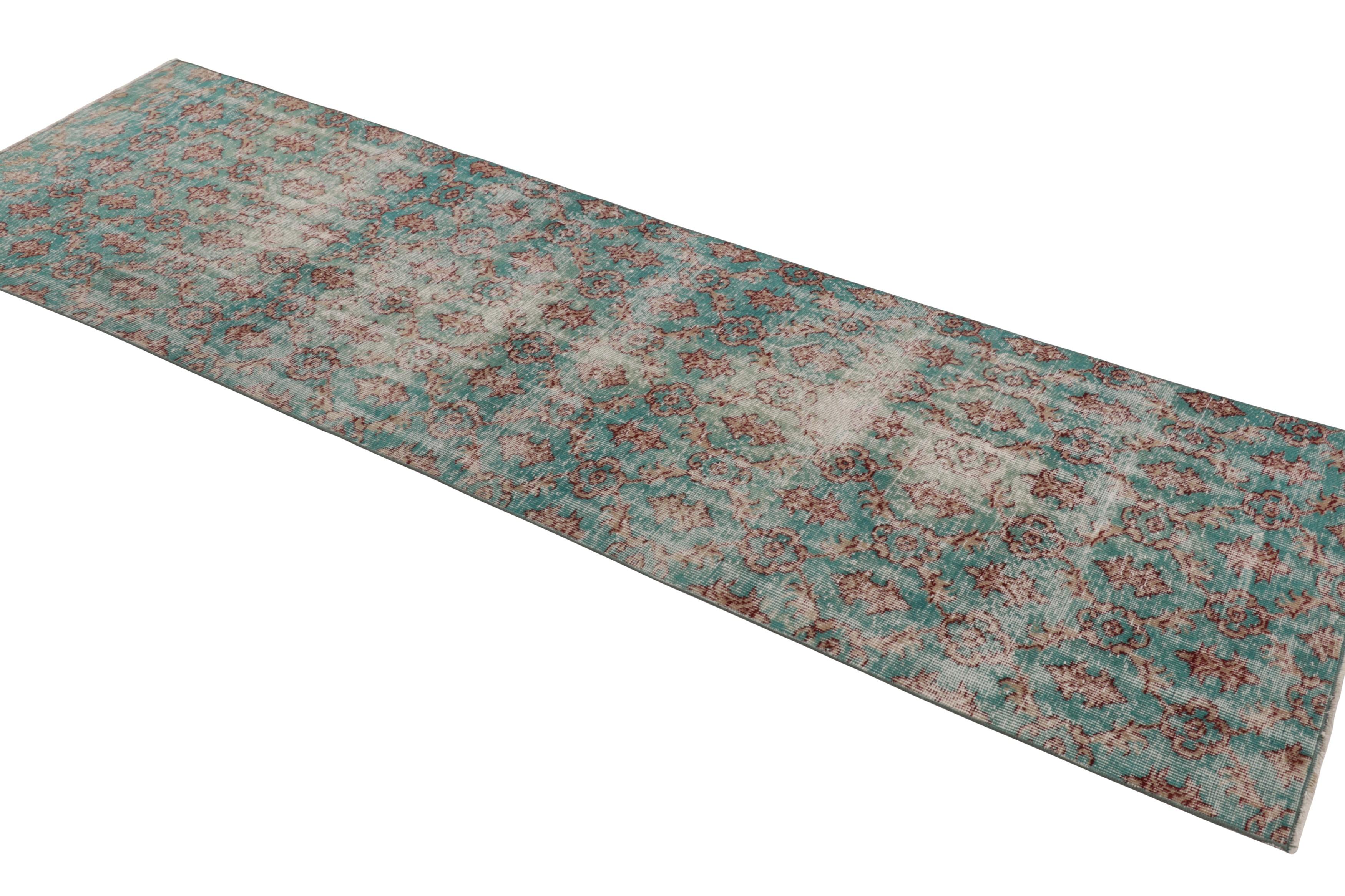 Mid-20th Century Vintage Turkish Runner Rug in Blue with Brown Floral Medallions - Rug & Kilim For Sale