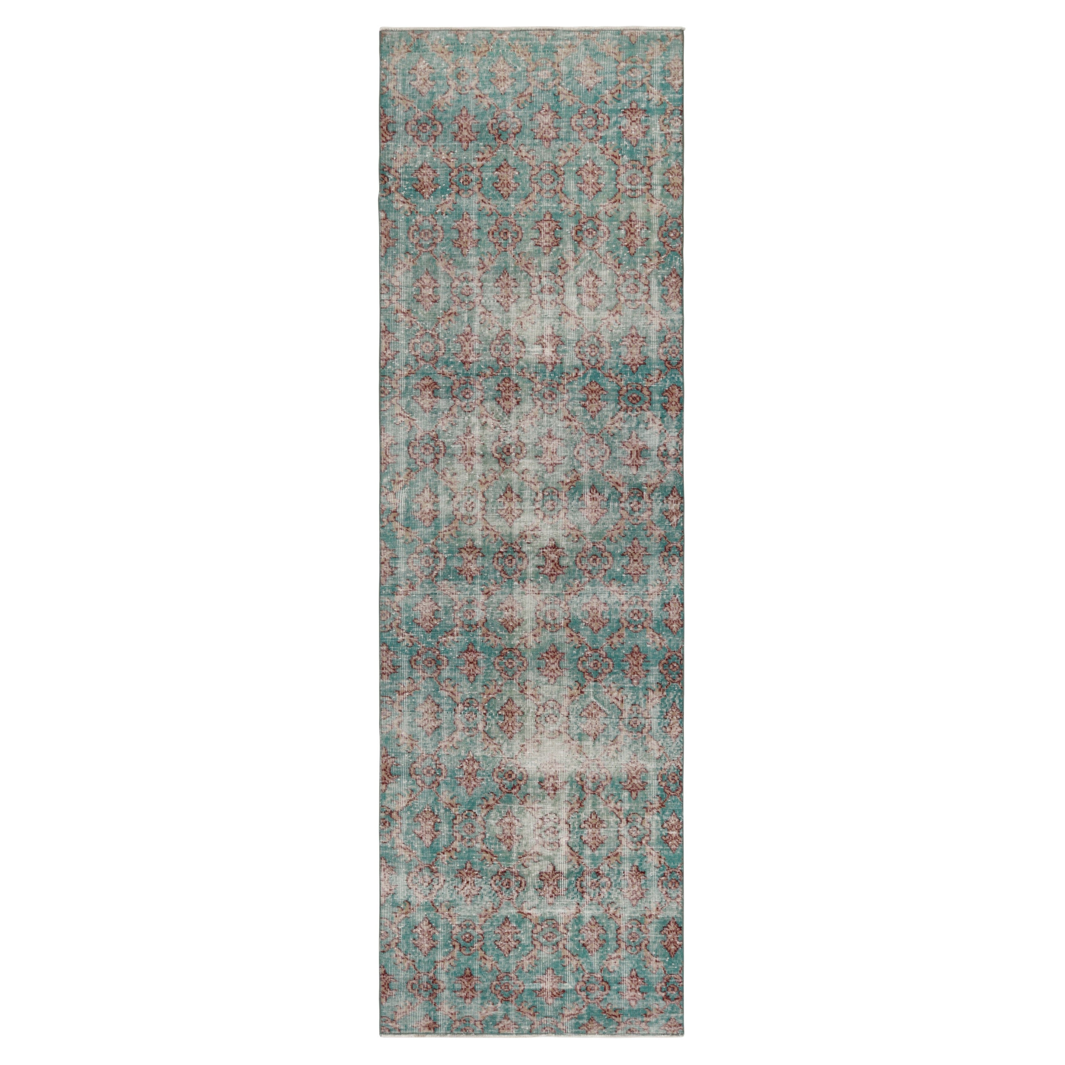 Vintage Turkish Runner Rug in Blue with Brown Floral Medallions - Rug & Kilim For Sale