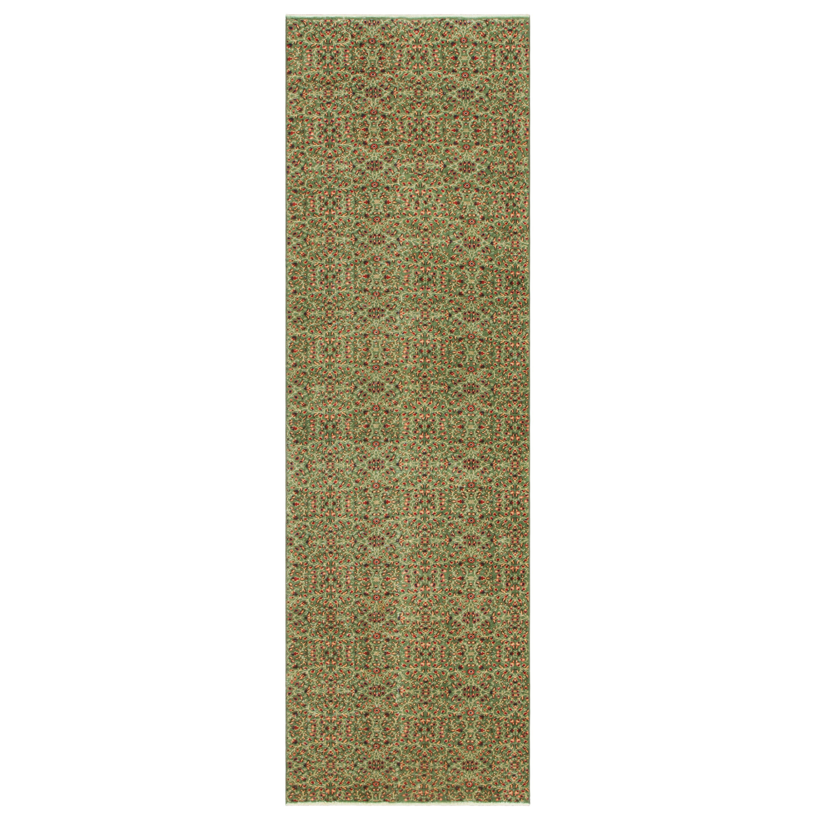 Tappeto runner turco vintage in verde con motivi floreali - Rug & Kilim