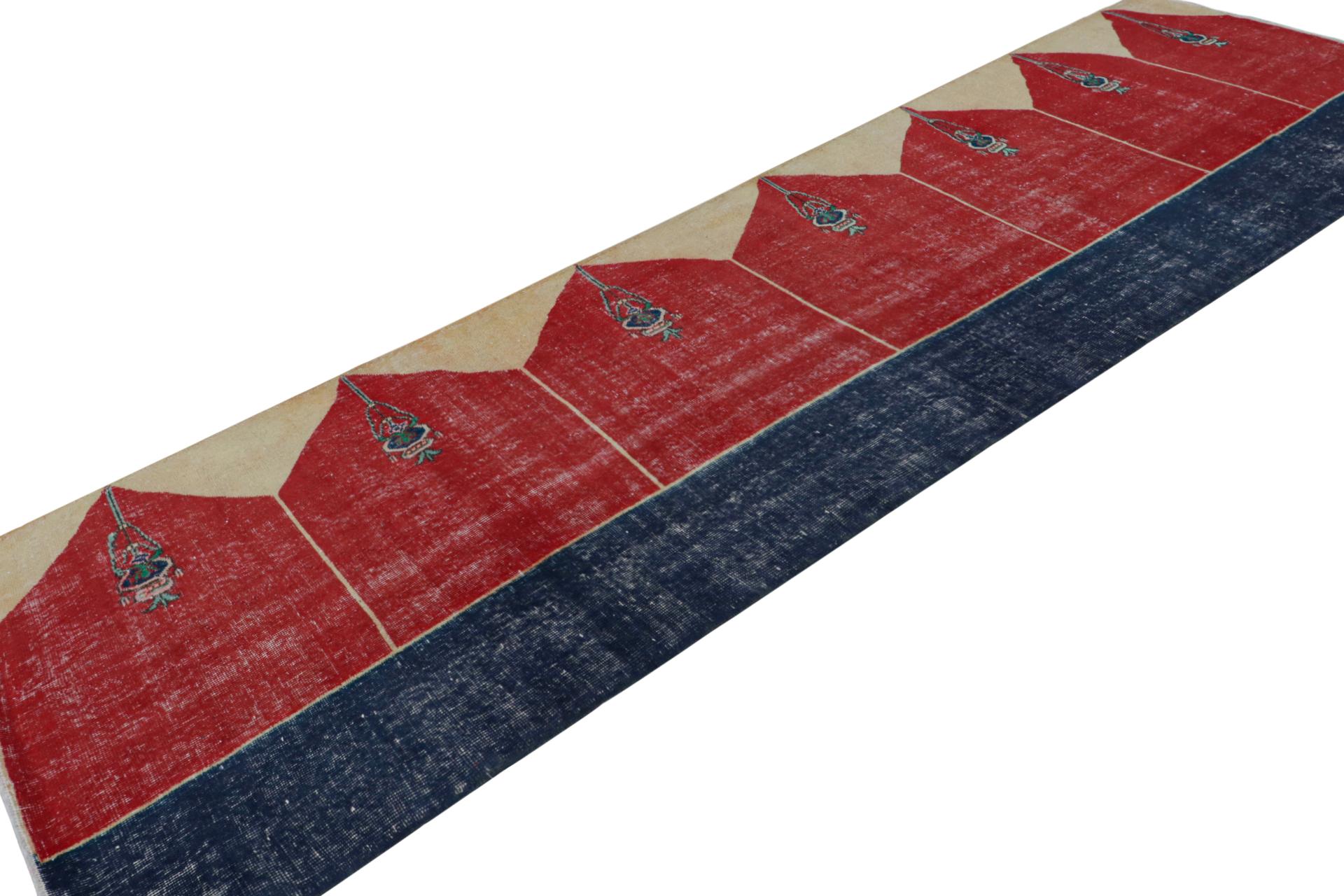Hand knotted in wool, a vintage 4x14 Turkish runner rug circa 1950-1960 - latest to enter Rug & Kilim’s vintage selections.

On the Design:

The design is inspired by Saf rugs - a style of prayer rug known for this look. This rug draws a more