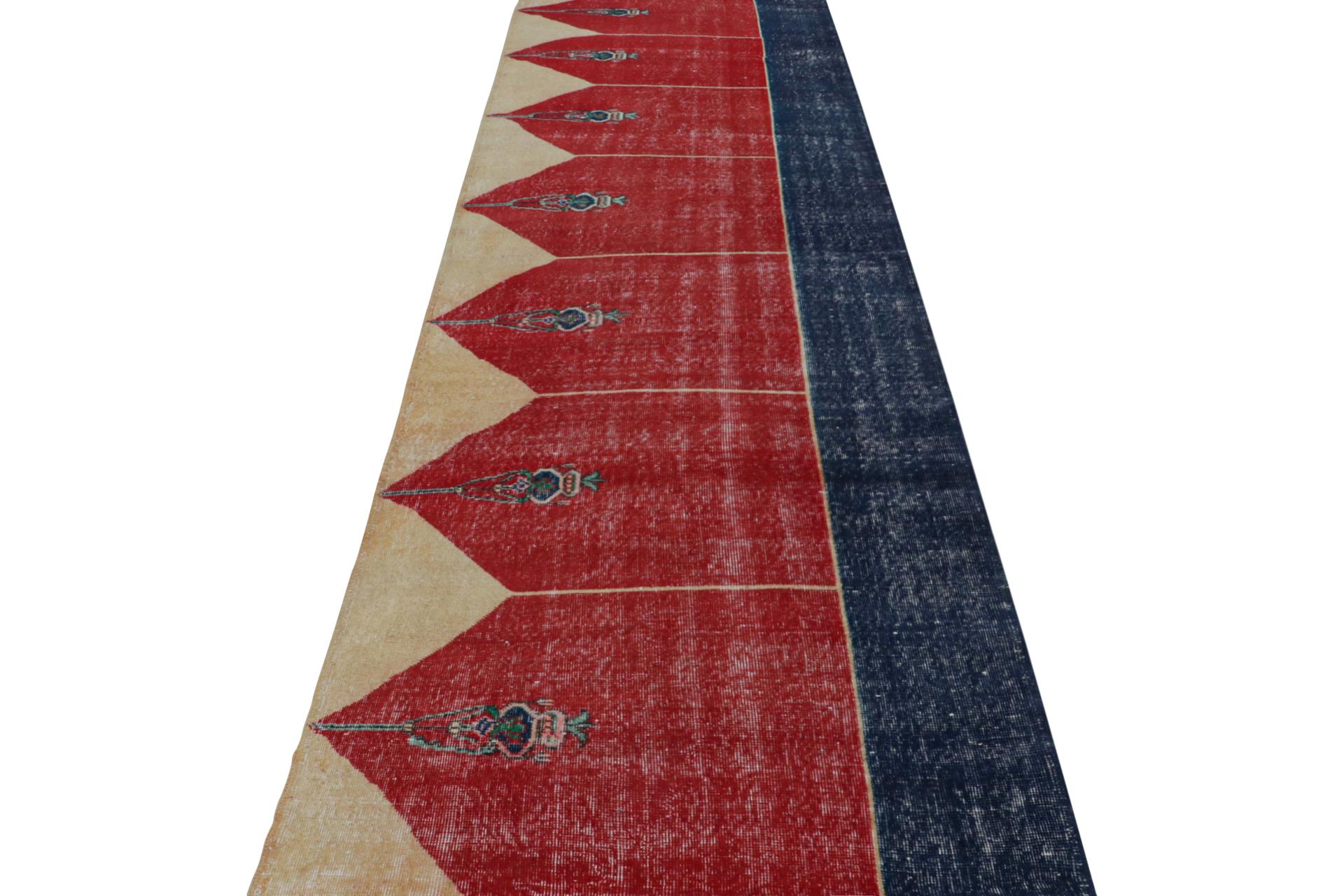 Hand-Knotted Vintage Turkish runner rug in Red, Blue and Gold Patterns by Rug & Kilim For Sale