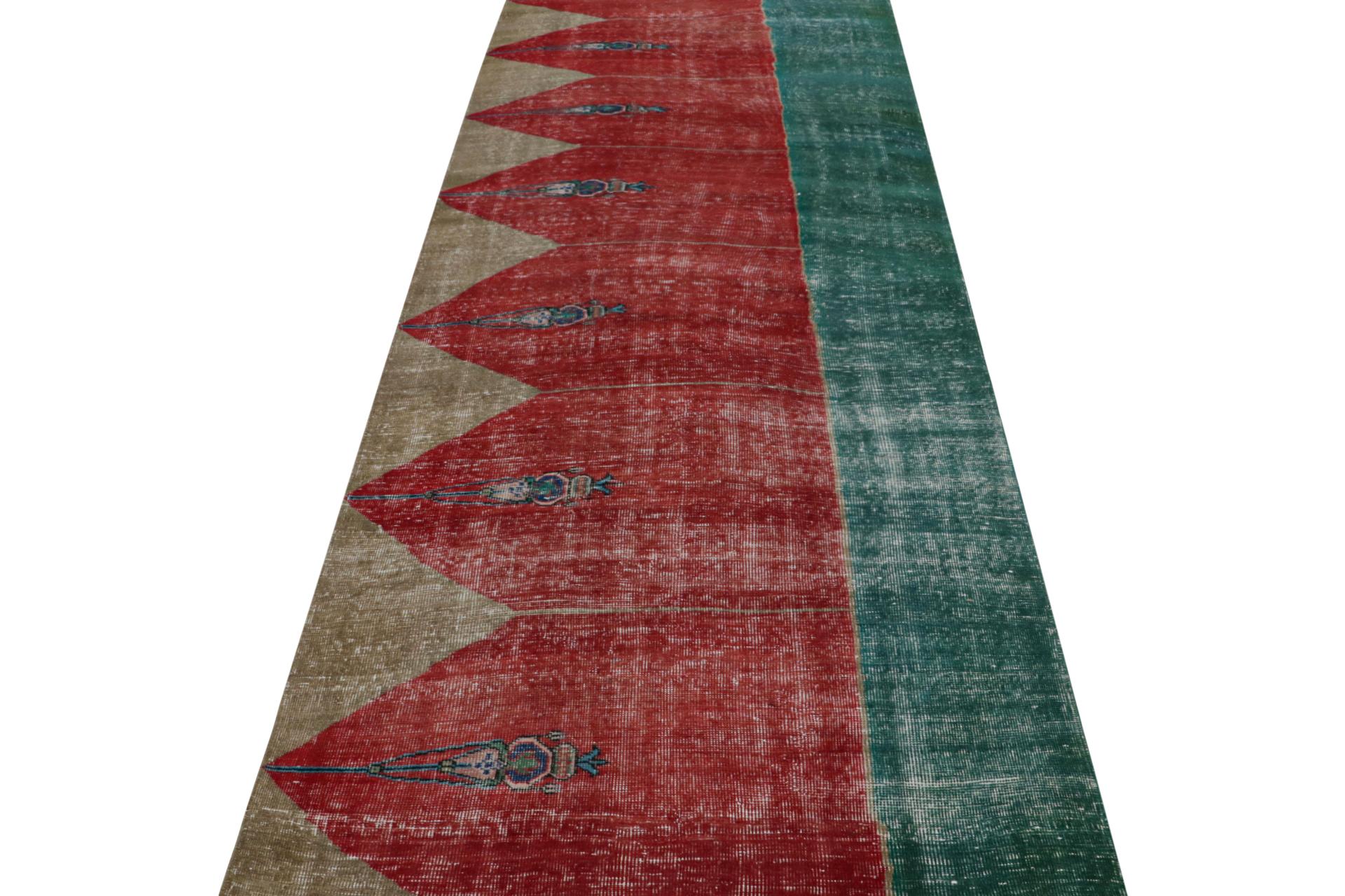 Hand-Knotted Vintage Turkish runner rug in Red, Teal and Gold Patterns by Rug & Kilim For Sale