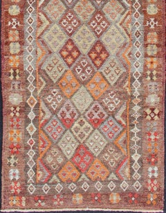 Vintage Turkish Oushak Runner with Diamond Motifs in Brick Red and Soft Orange