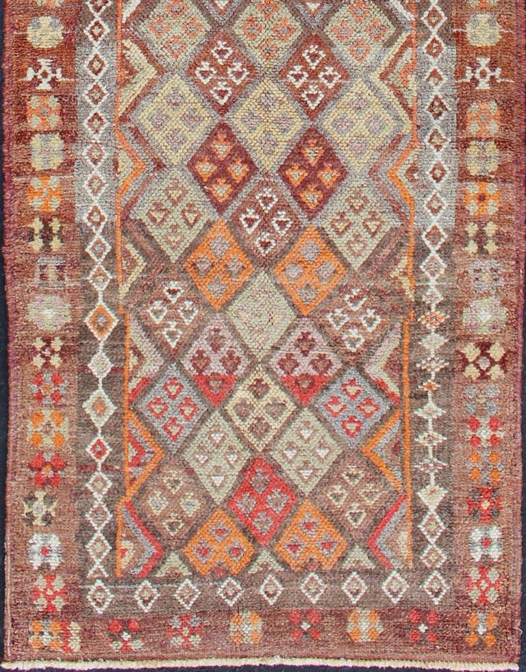 Vintage Turkish Runner with All-Over Diamond Kurdish Design in Multi ...