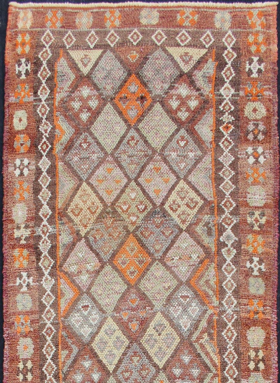 Hand-Knotted Vintage Turkish Runner with All-Over Diamond Kurdish Design in Multi-Colors For Sale