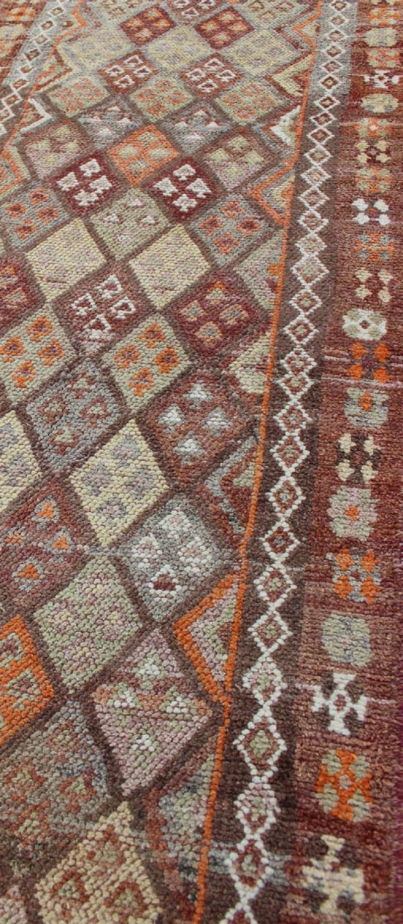 Vintage Turkish Runner with All-Over Diamond Kurdish Design in Multi-Colors In Good Condition For Sale In Atlanta, GA