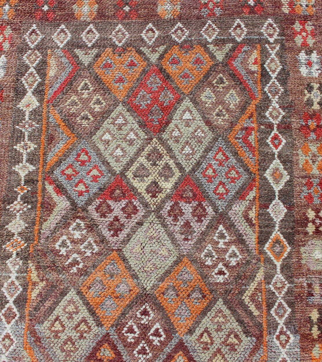 Mid-20th Century Vintage Turkish Runner with All-Over Diamond Kurdish Design in Multi-Colors For Sale