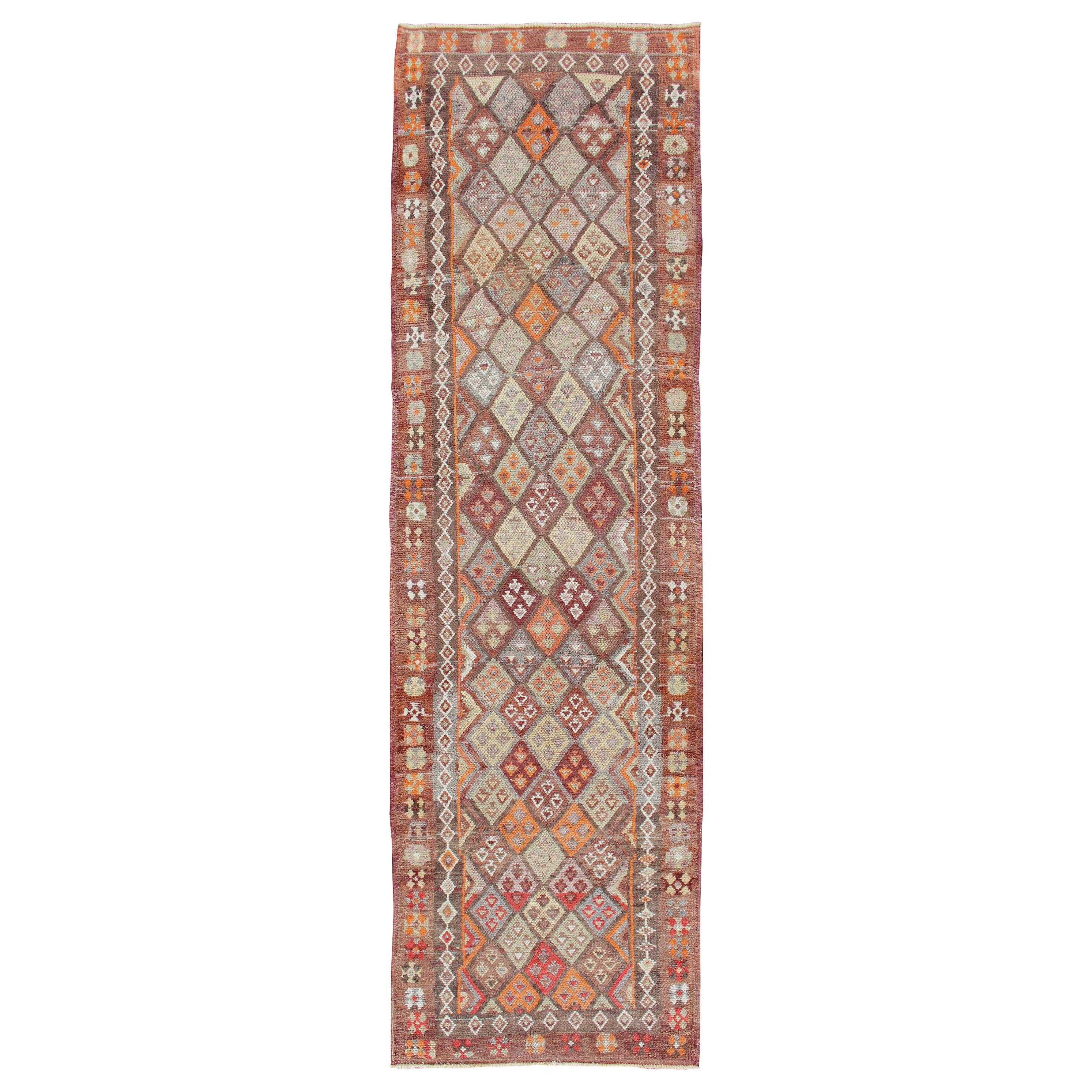 Vintage Turkish Runner with All-Over Diamond Kurdish Design in Multi-Colors For Sale