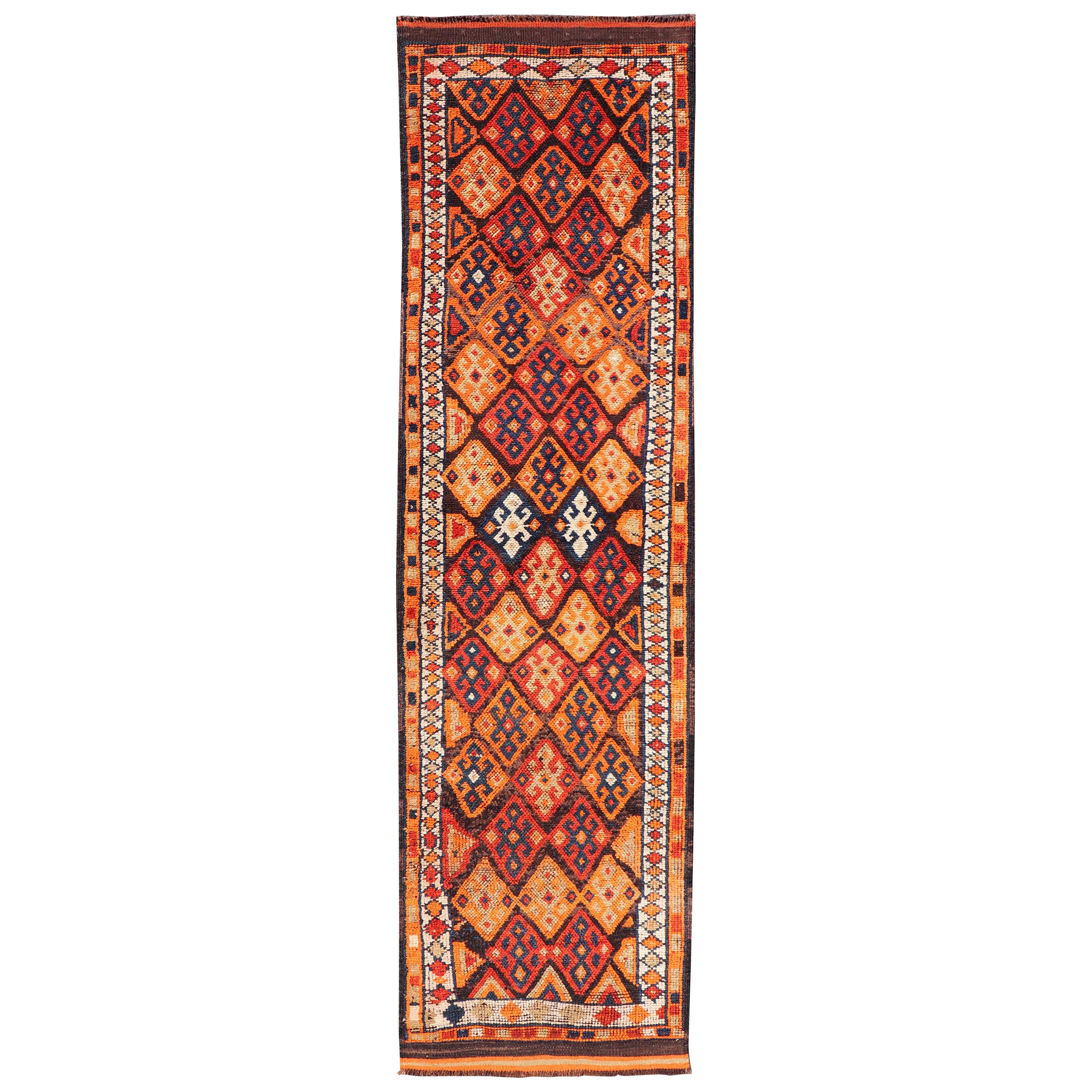 Türkischer Vintage-Läufer mit All-Over-Diamant-Stammesdesign in mehrfarbigen Farben