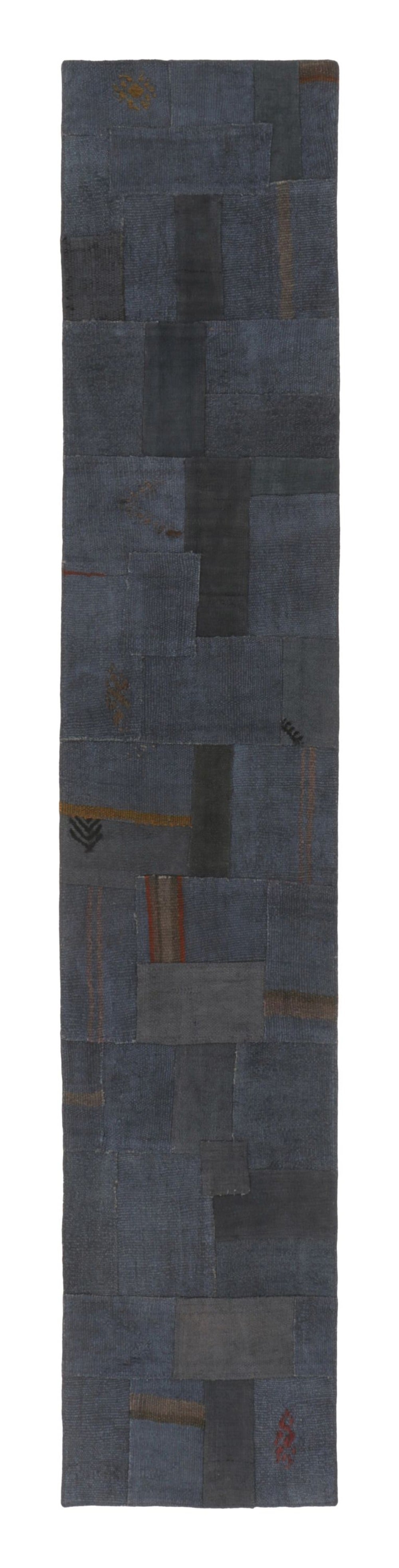 Vintage Turkish Runner with Blue & Black Patchwork Geometric Field - Rug & Kilim For Sale