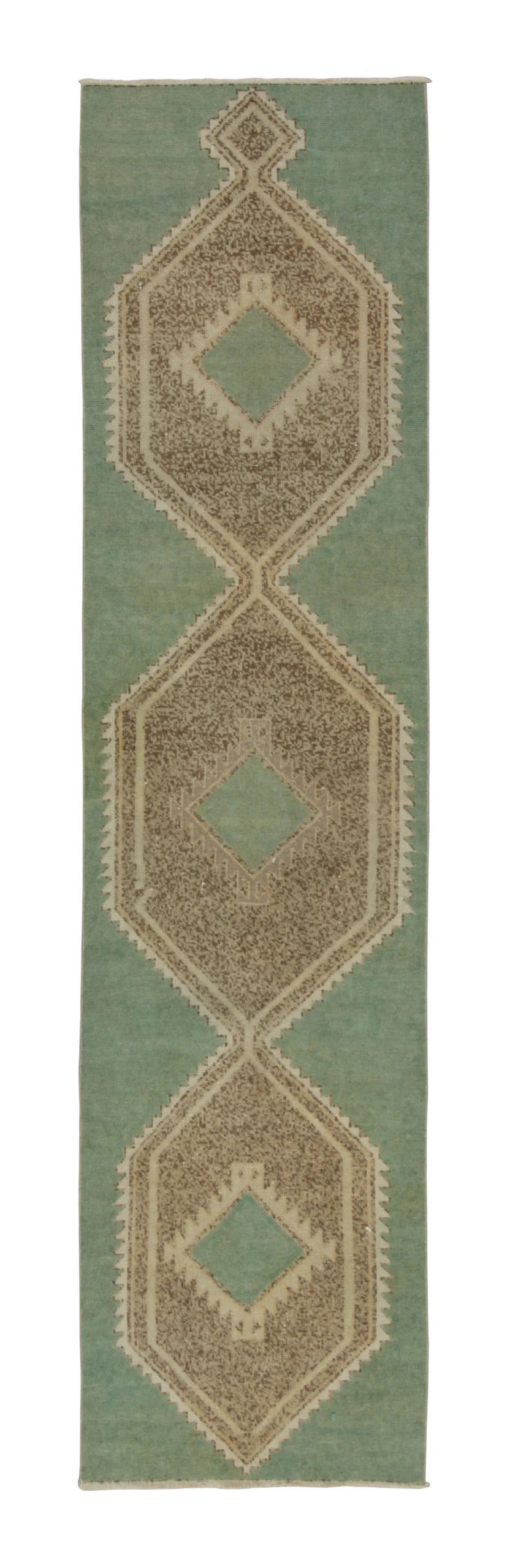Vintage Turkish Runner with Geometric Medallions in Sage Green - Rug & Kilim