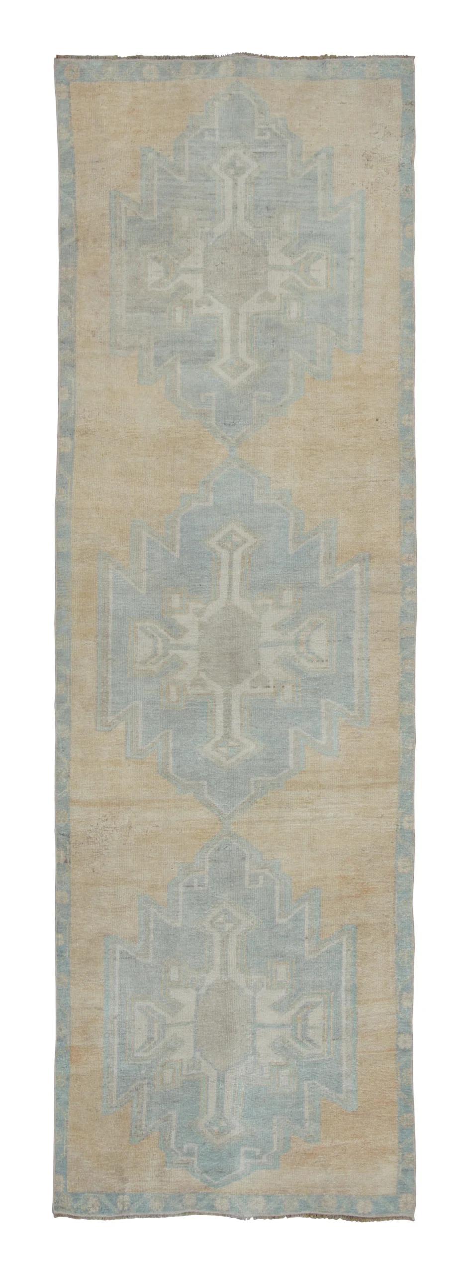 Vintage Turkish Runner with Ice Blue Geometric Medallion Design - Rug & Kilim For Sale