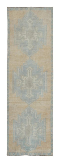 Vintage Turkish Runner with Ice Blue Geometric Medallion Design - Rug & Kilim