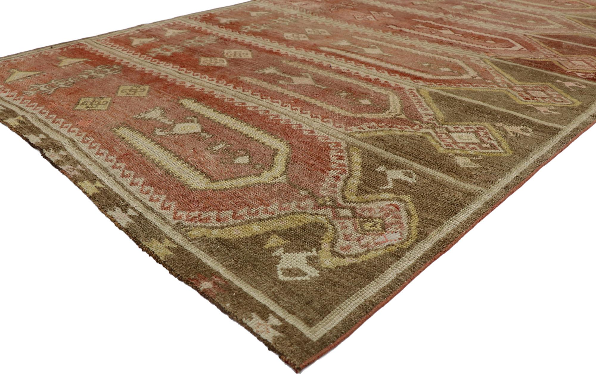 53580 Vintage Turkish Saph Prayer rug with Modern Rustic Style 05'07 x 09'03. 

Warm earth-tone colors and Modern style collide in this hand knotted vintage Anatolian Saph runner. The directional Turkish prayer rug beautifully displays six