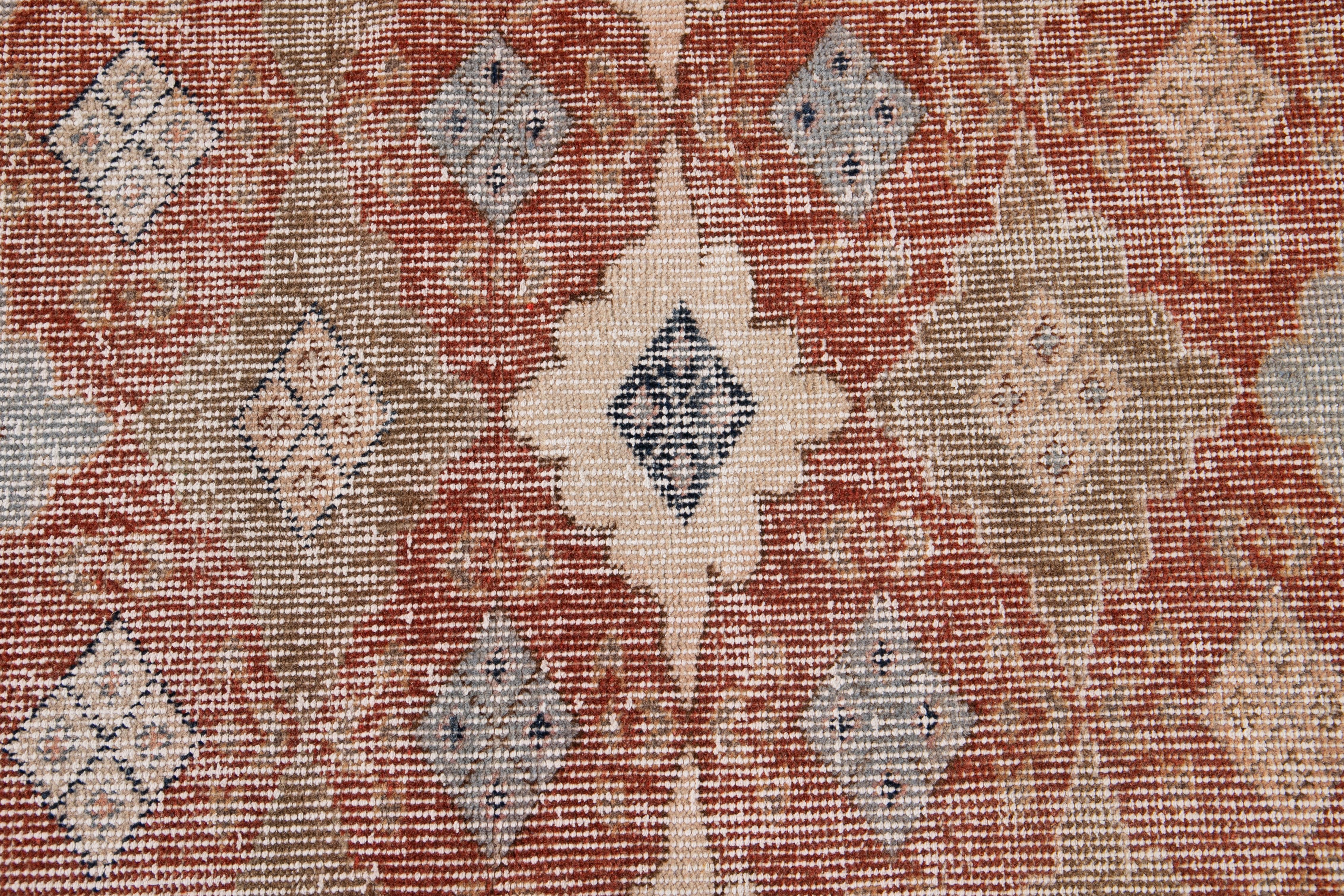 Hand-Knotted Floral Hanmdade Vintage Turkish Scatter Wool Rug In Rust For Sale