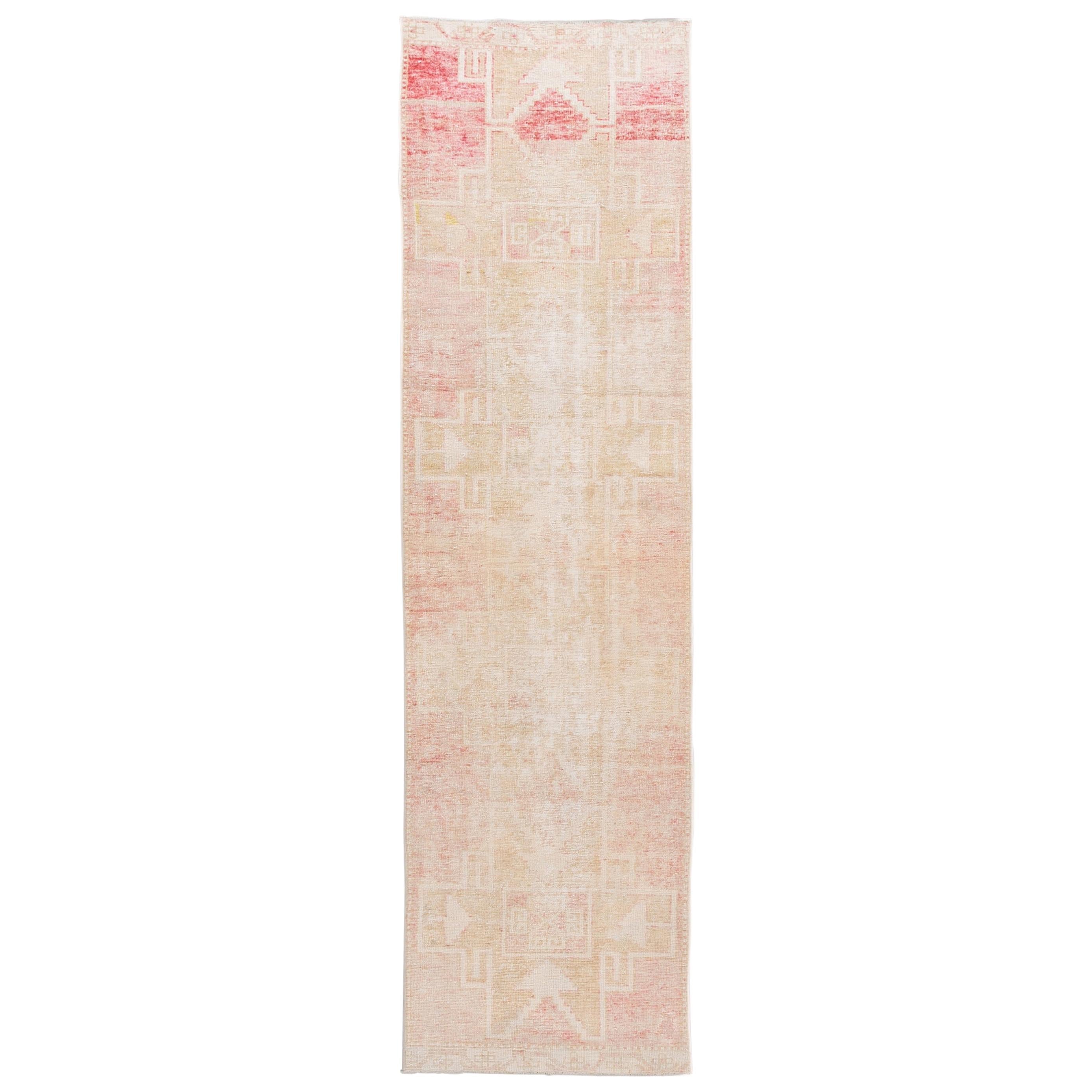 Vintage Turkish Shabby Chic Beige and Pink Handmade Geometric Wool Runner For Sale