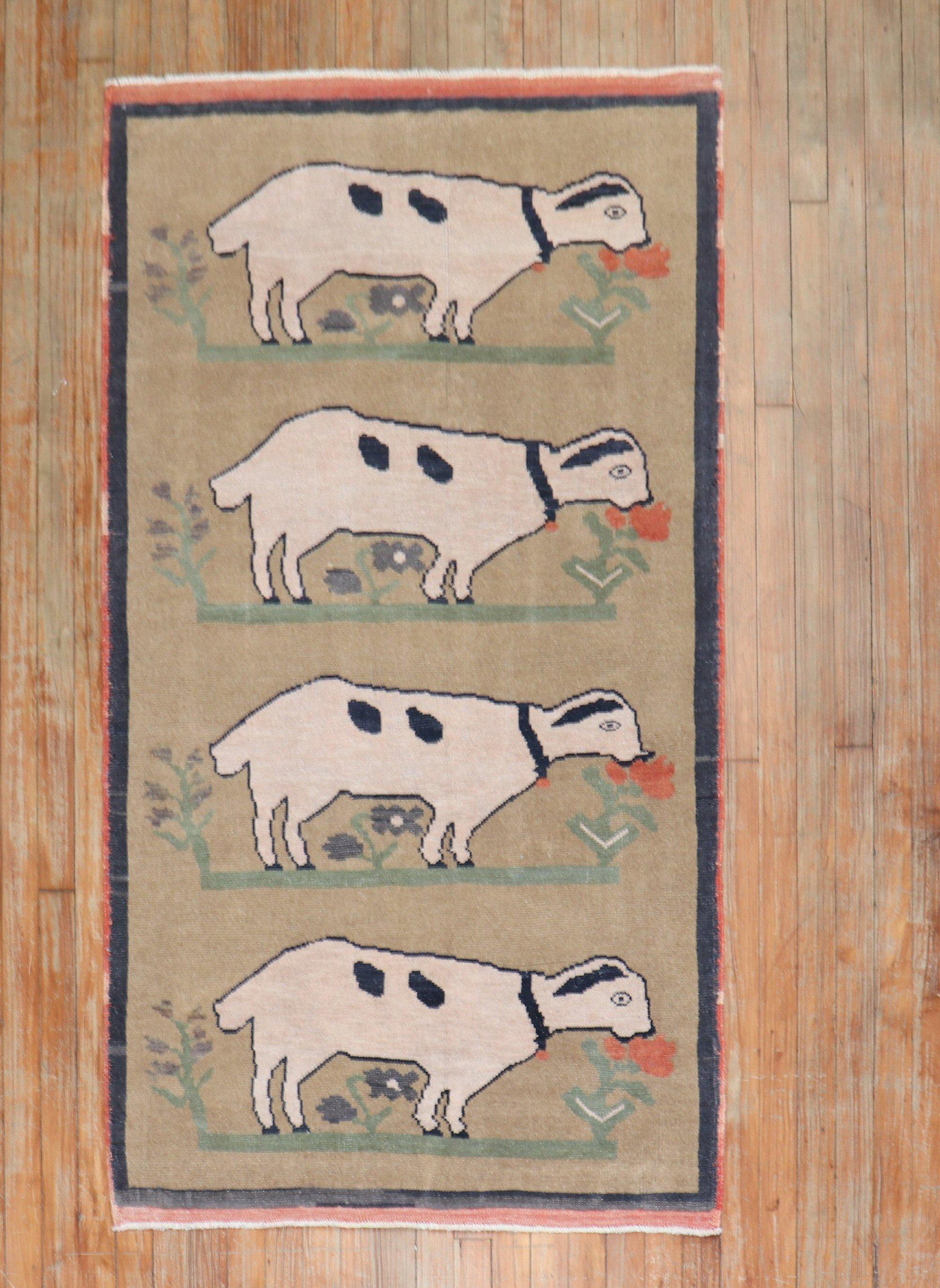 One of a kind decorative caliber vintage Turkish rug with what looks to be 4 lonely sheeps on a brown field

Measures: 3'1'' x 5'9''.