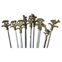 Vintage Turkish Shish Kebab Skewers with Brass Animal Ornaments, Set of 12