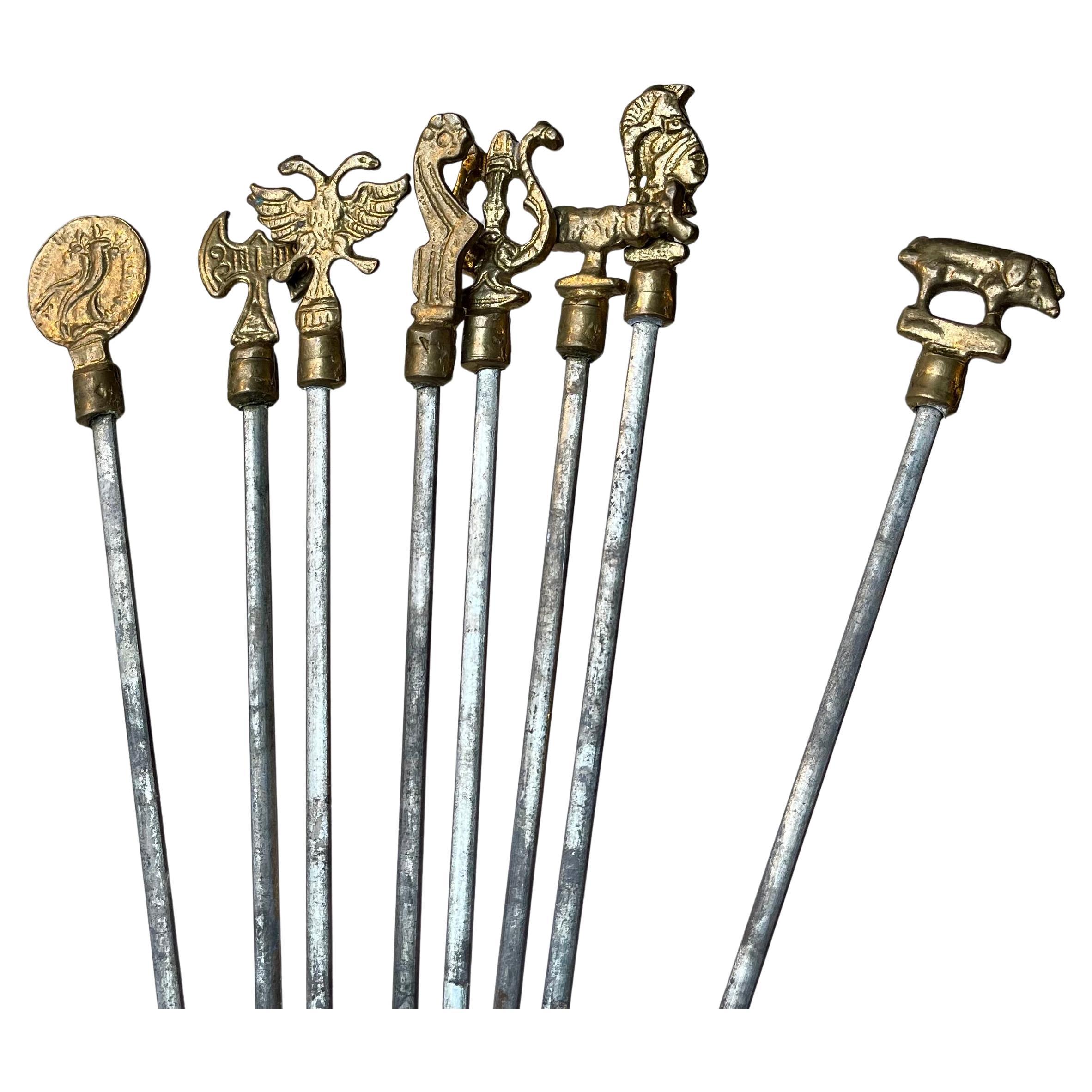 Vintage Turkish Shish Kebab Skewers with Brass Animal Ornaments, Set of 8