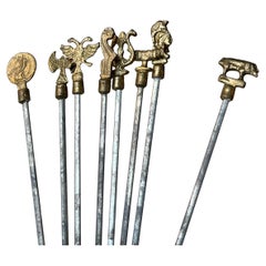 Vintage Turkish Shish Kebab Skewers with Brass Animal Ornaments, Set of 8