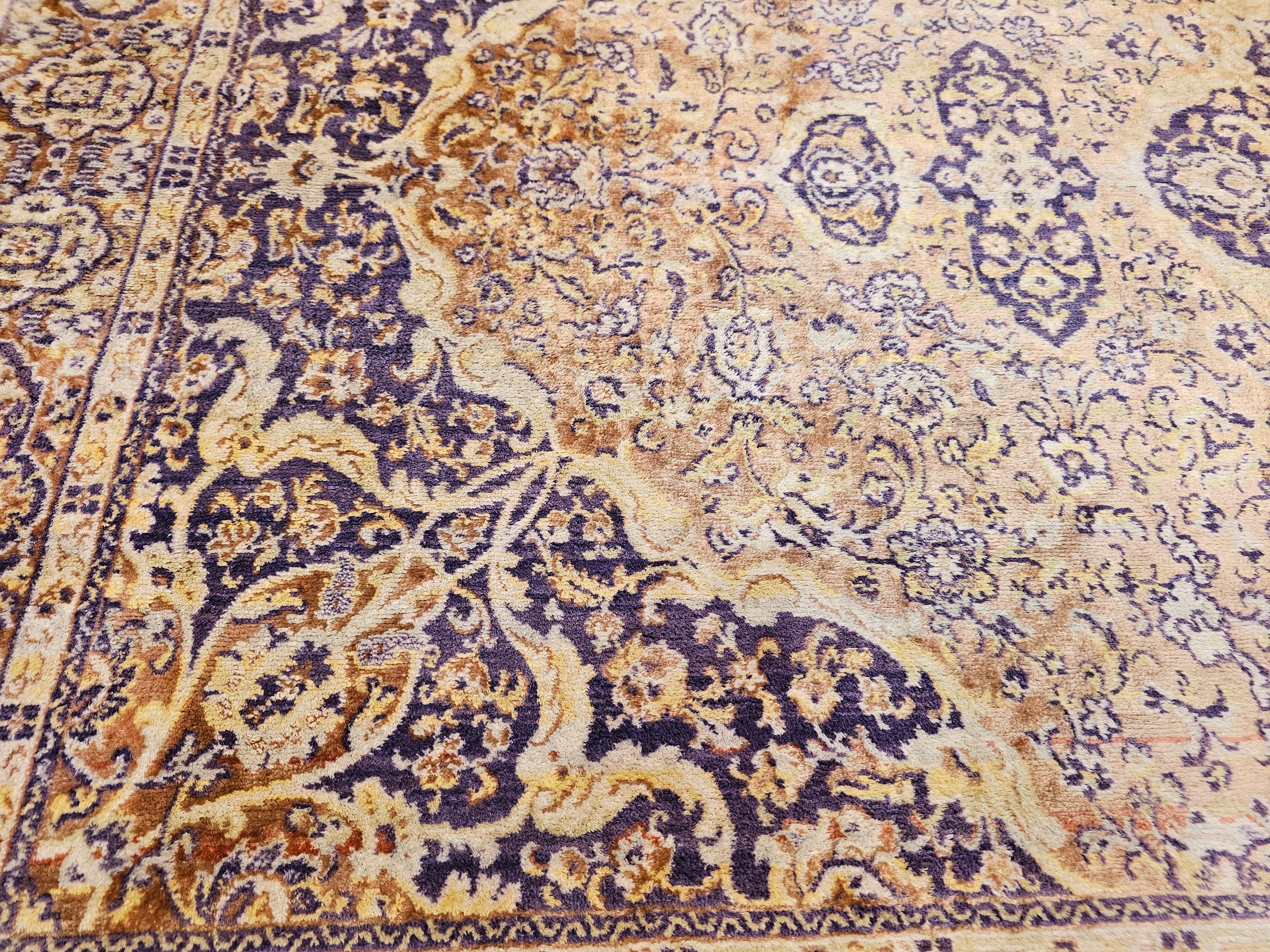 Vintage Turkish Silk Area Rug with Floral Medallion Design in Brown, Lavender For Sale 7