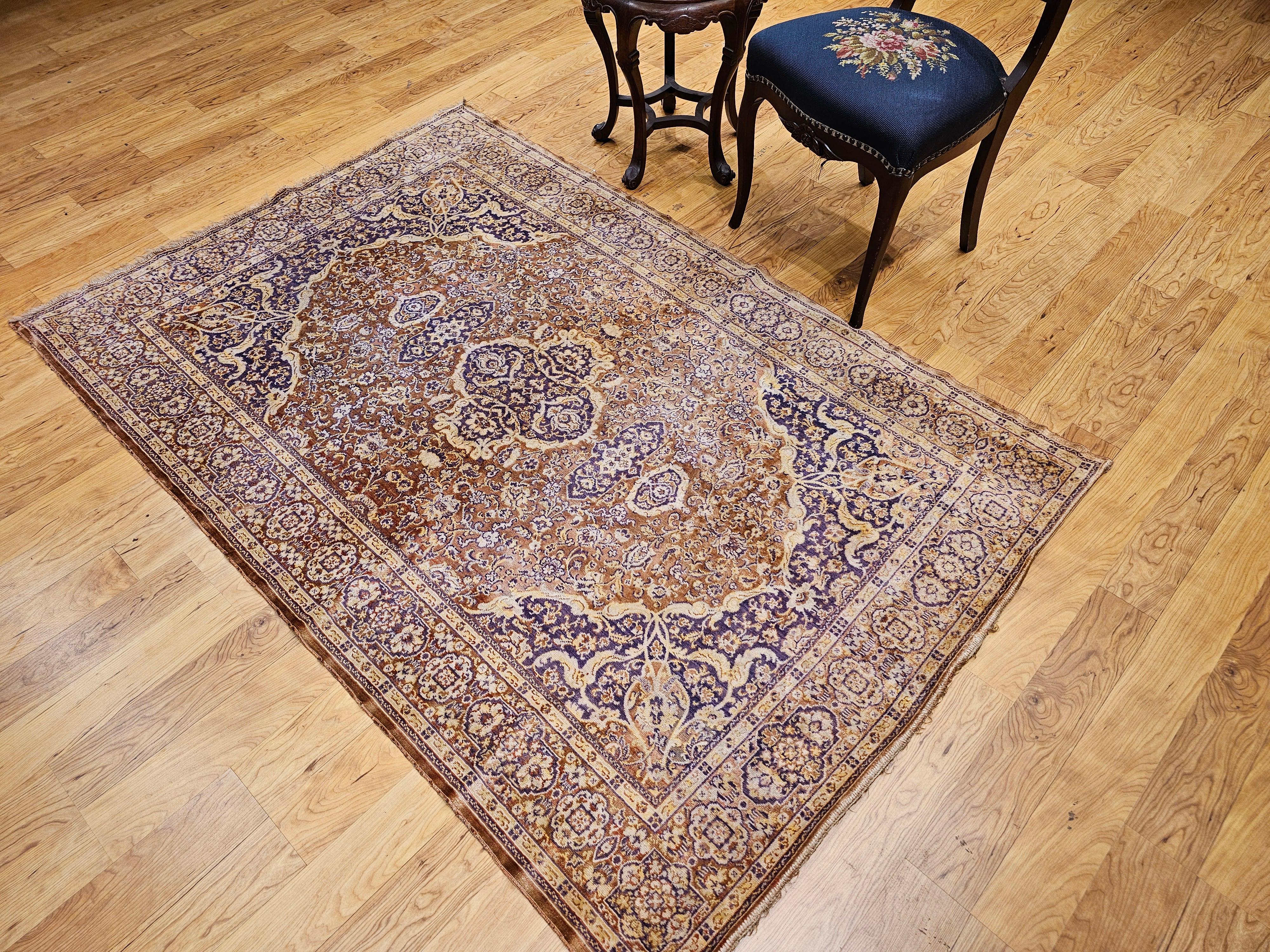 Vintage Turkish Silk Area Rug with Floral Medallion Design in Brown, Lavender For Sale 9