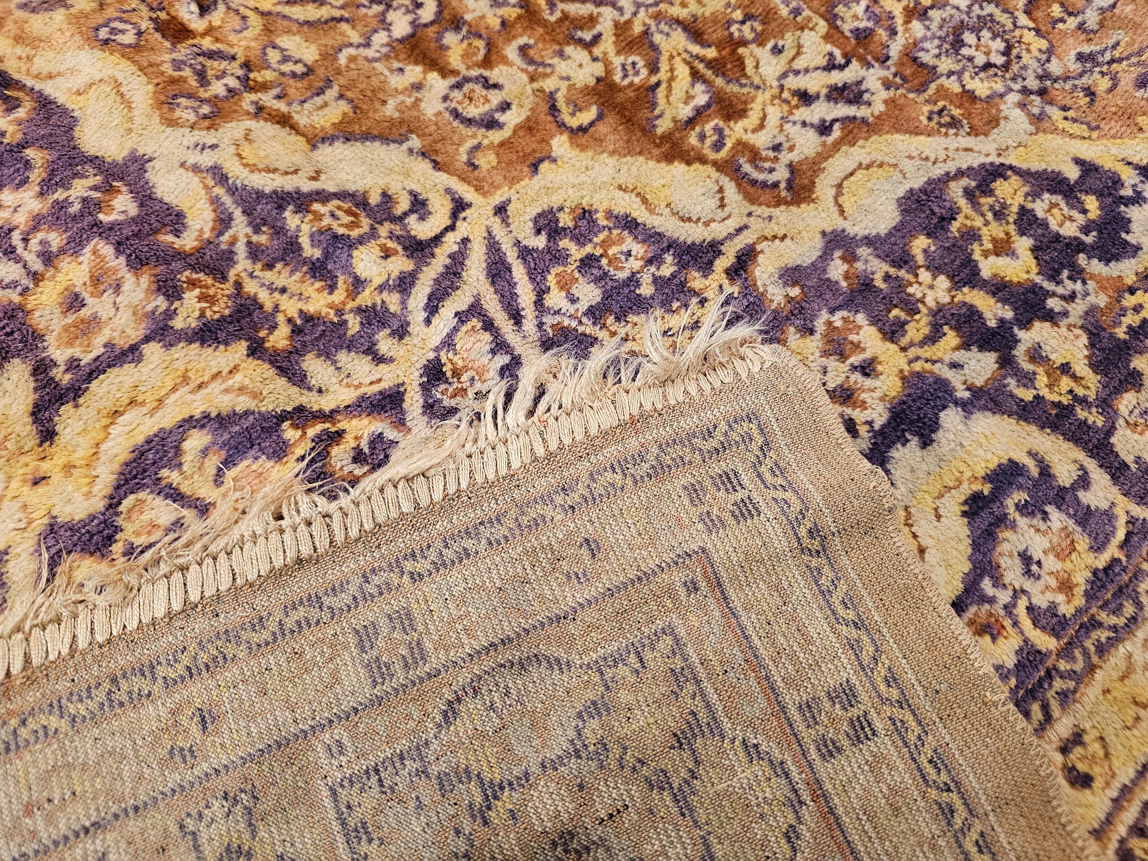 Vintage Turkish Silk Area Rug with Floral Medallion Design in Brown, Lavender For Sale 8