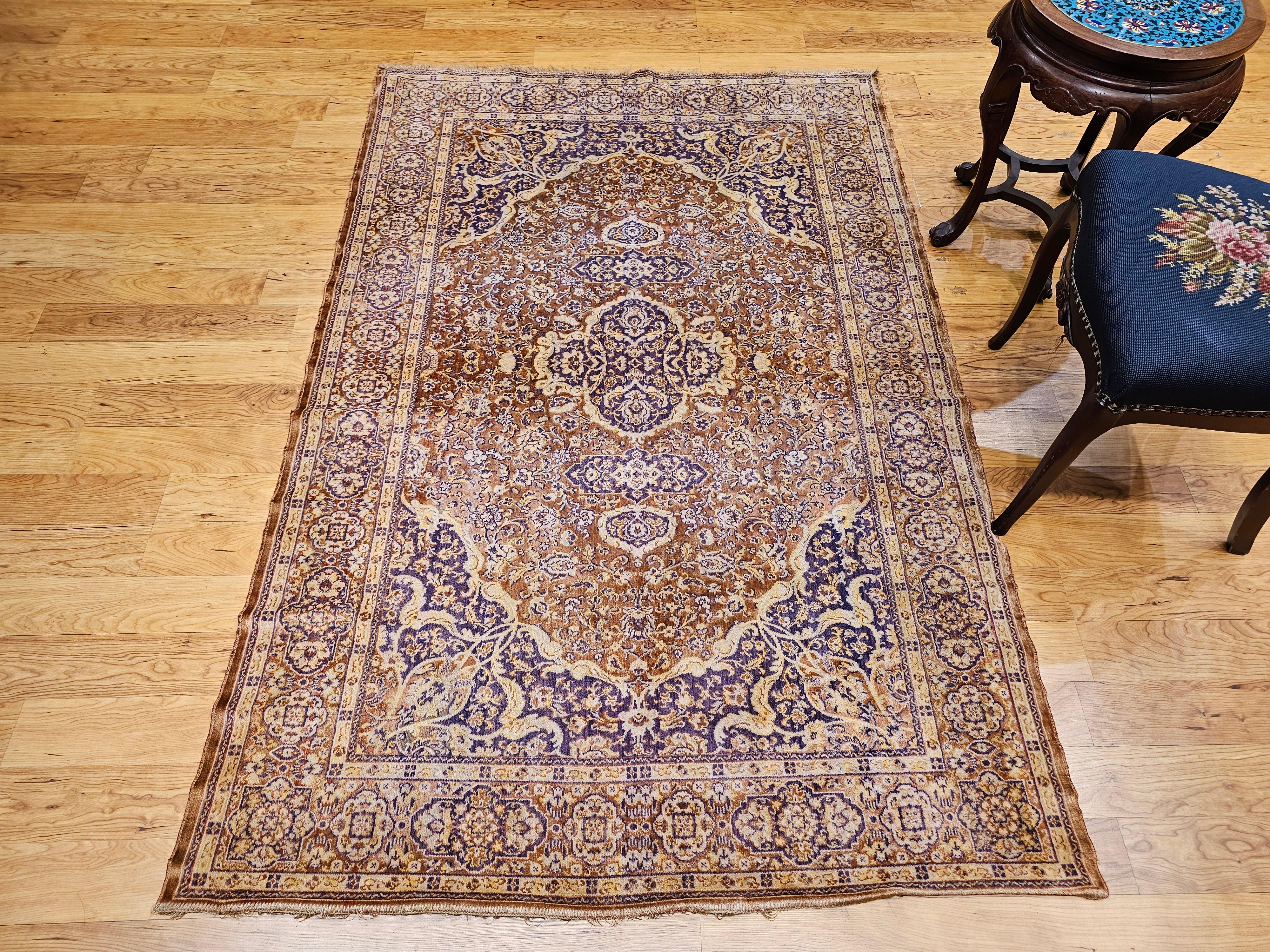 Vintage Turkish Silk Area Rug with Floral Medallion Design in Brown, Lavender For Sale 10