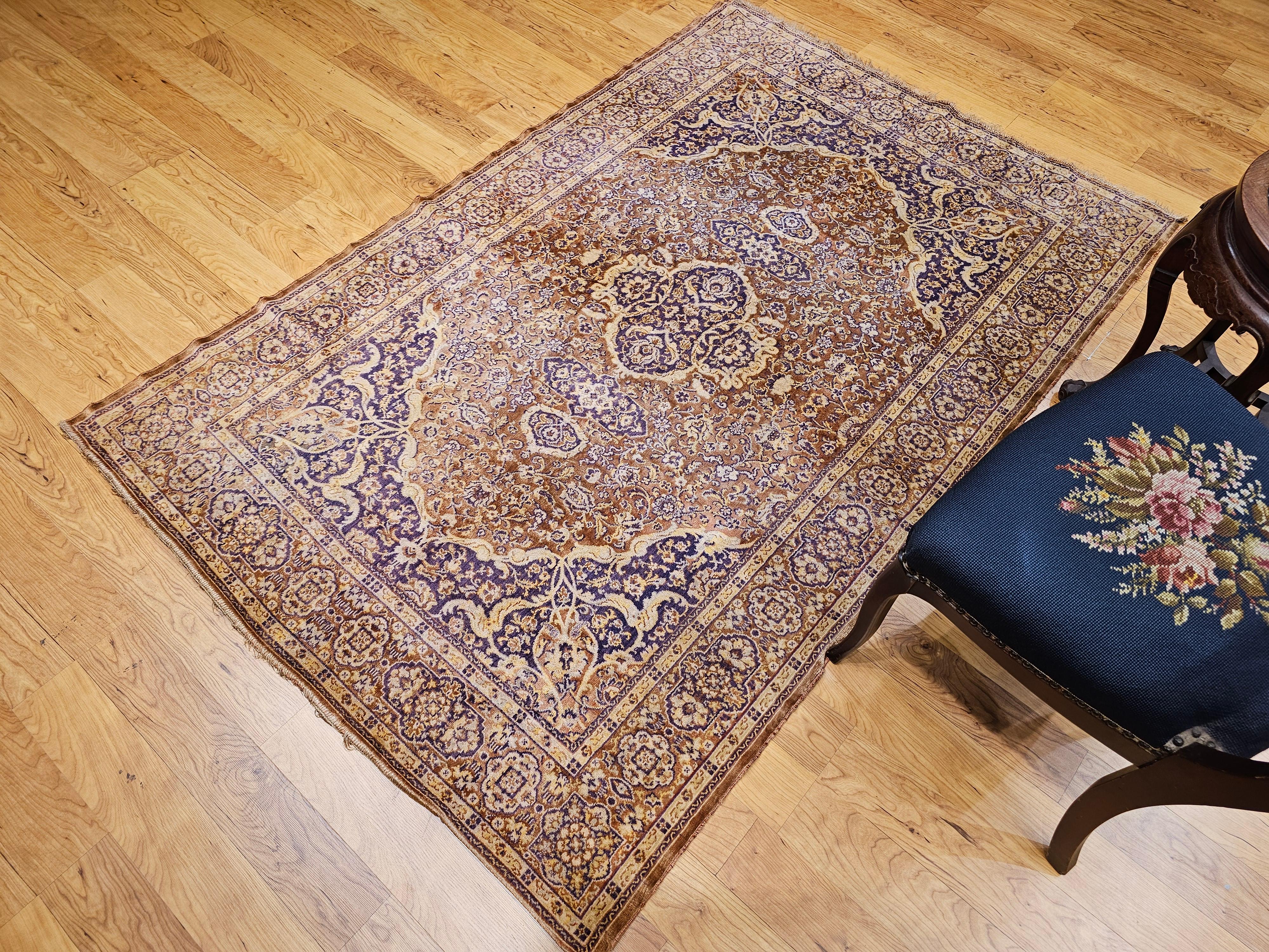 Vintage Turkish Silk Area Rug with Floral Medallion Design in Brown, Lavender For Sale 11