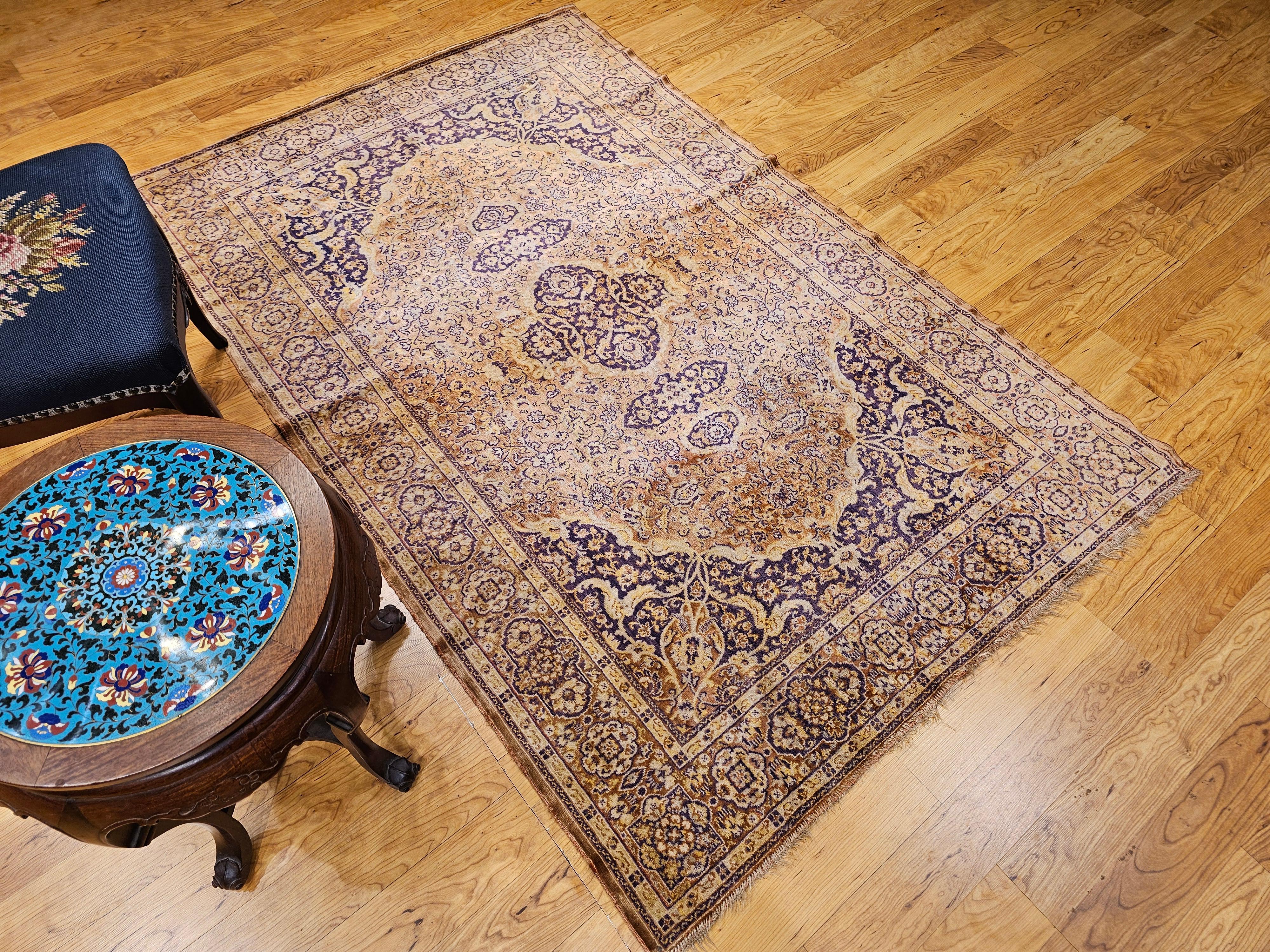 Vintage Turkish Silk Area Rug with Floral Medallion Design in Brown, Lavender For Sale 13