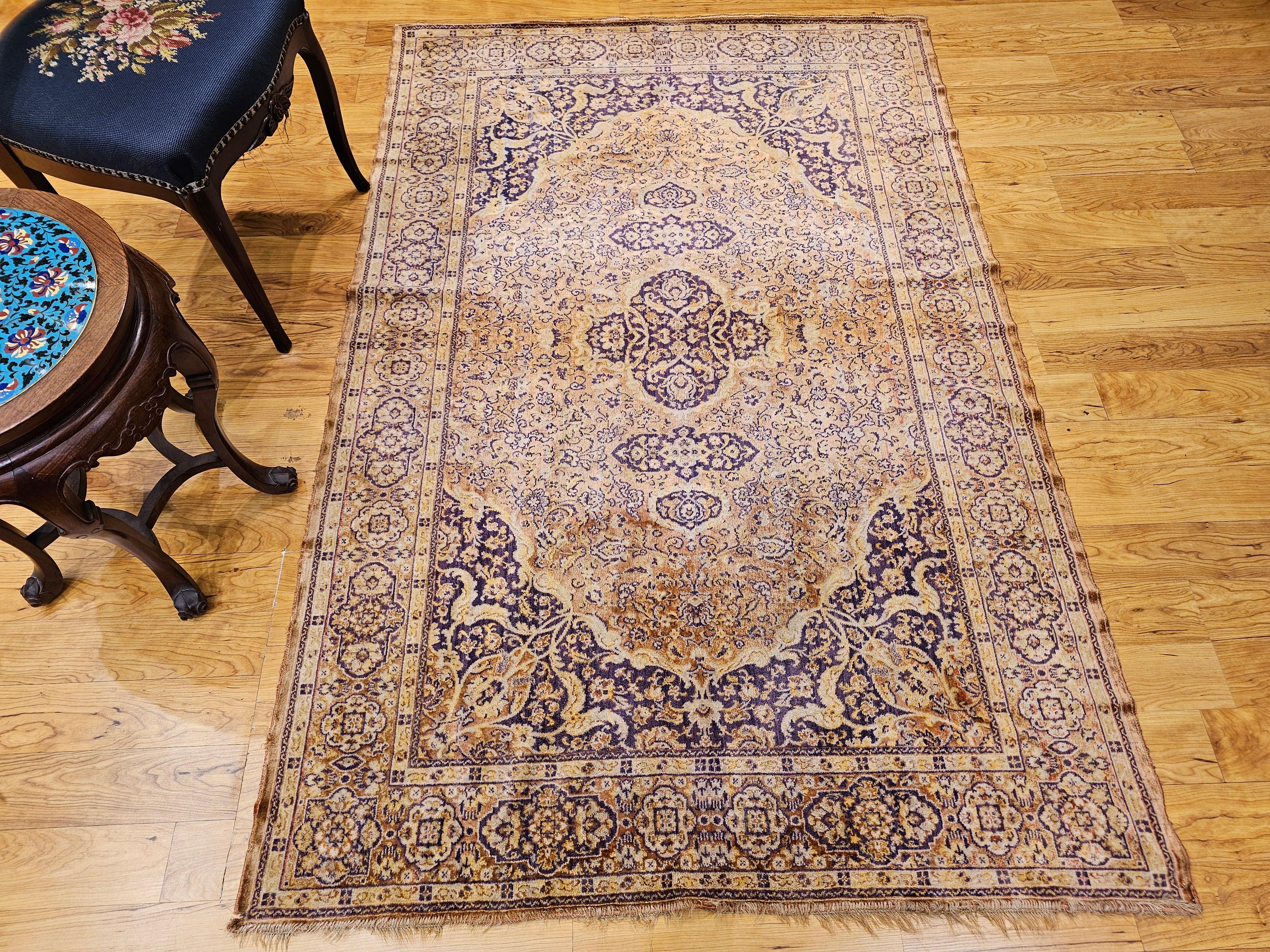 Vintage Turkish Silk Area Rug with Floral Medallion Design in Brown, Lavender For Sale 14