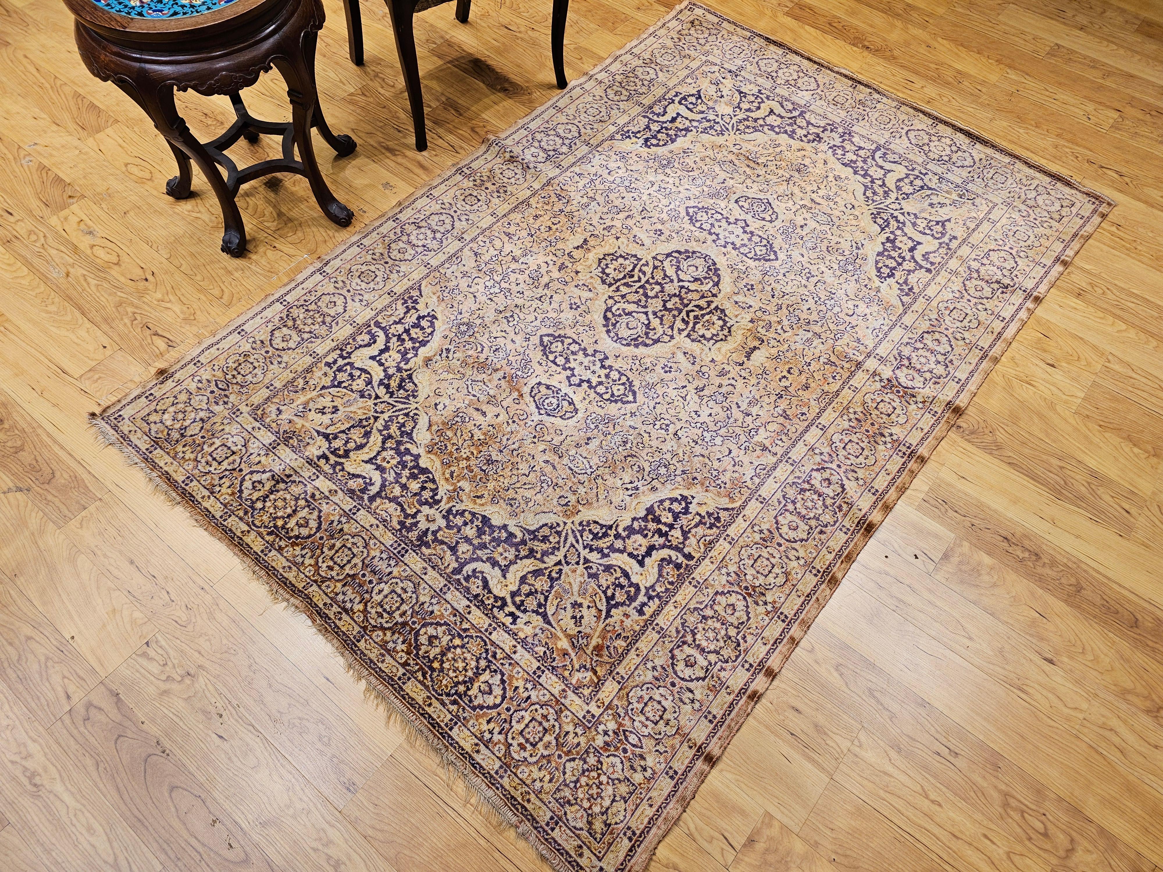 Vintage Turkish Silk Area Rug with Floral Medallion Design in Brown, Lavender For Sale 15