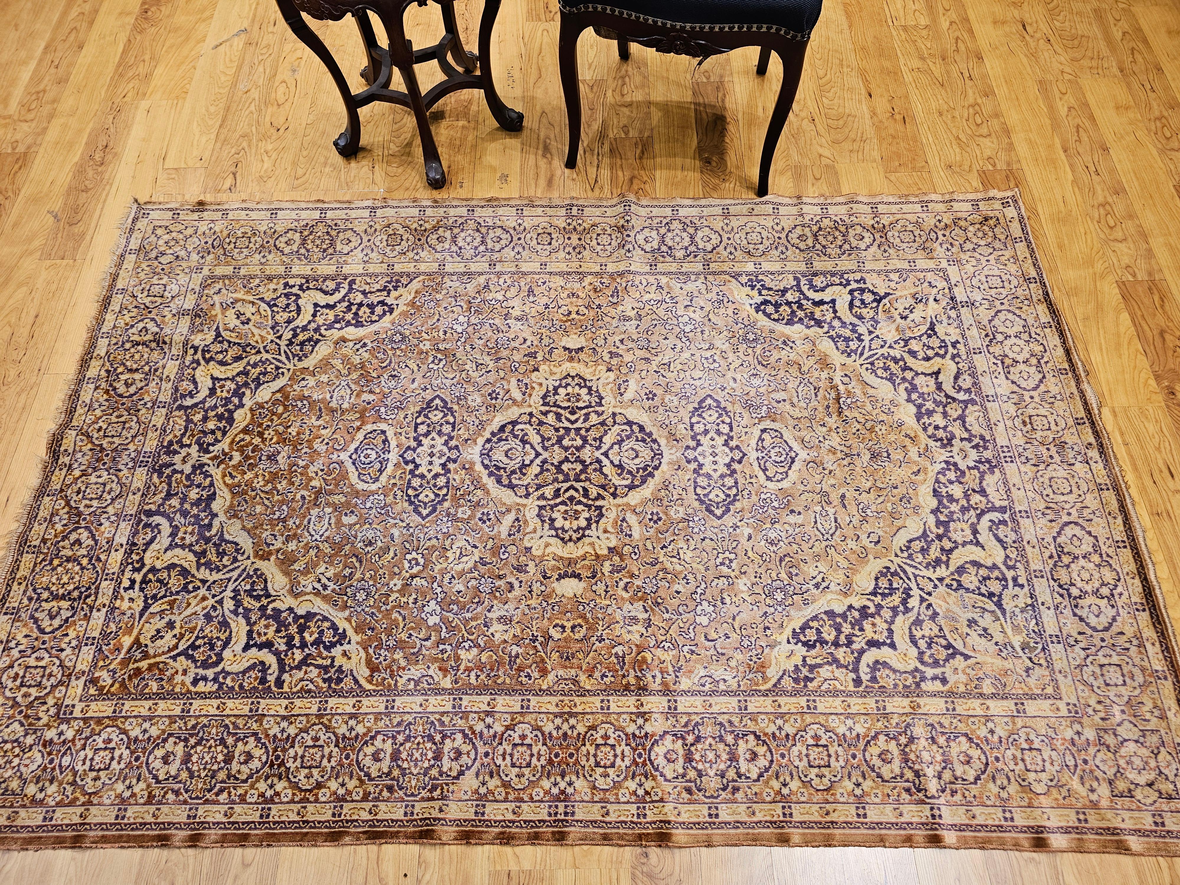 Vintage Turkish Silk Area Rug with Floral Medallion Design in Brown, Lavender For Sale 12