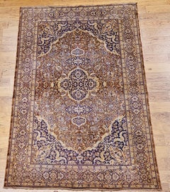 Vintage Turkish Silk Area Rug, Floral Medallion, Mid-20th Century