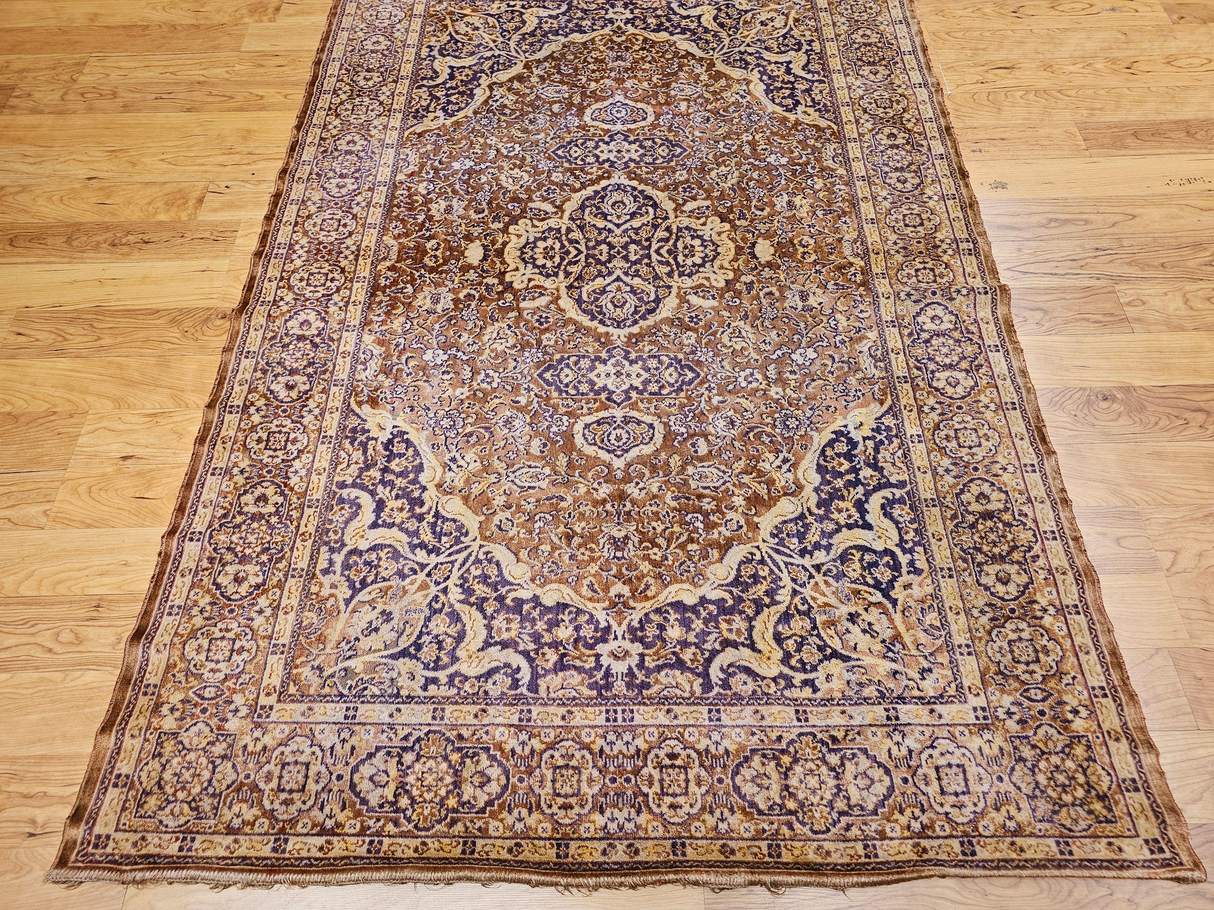 Machine-Made Vintage Turkish Silk Area Rug with Floral Medallion Design in Brown, Lavender For Sale