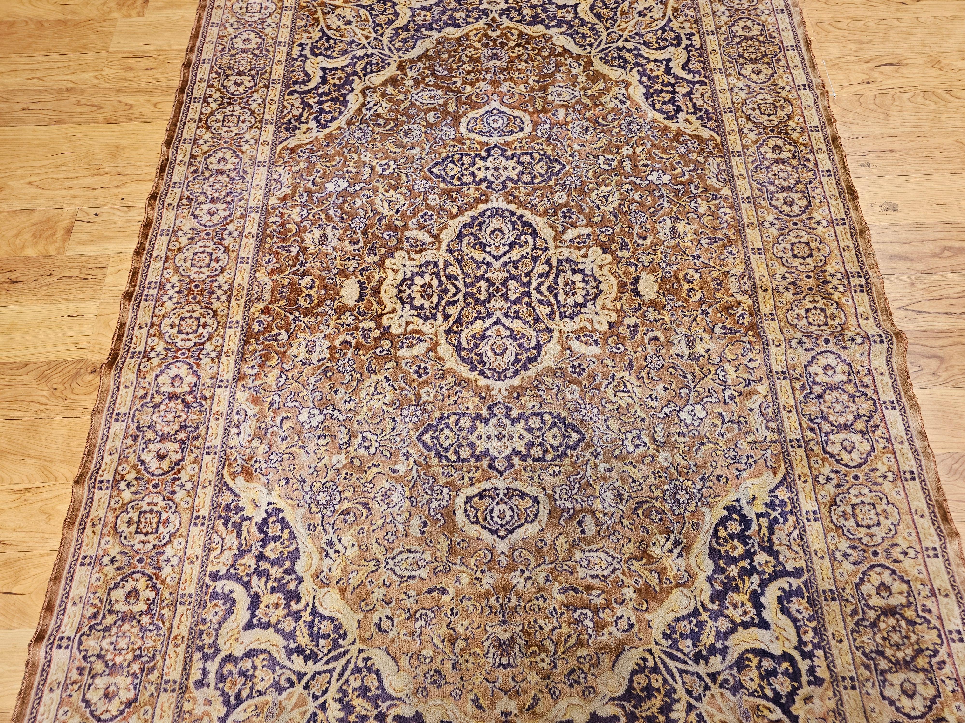 Vintage Turkish Silk Area Rug with Floral Medallion Design in Brown, Lavender In Good Condition For Sale In Barrington, IL
