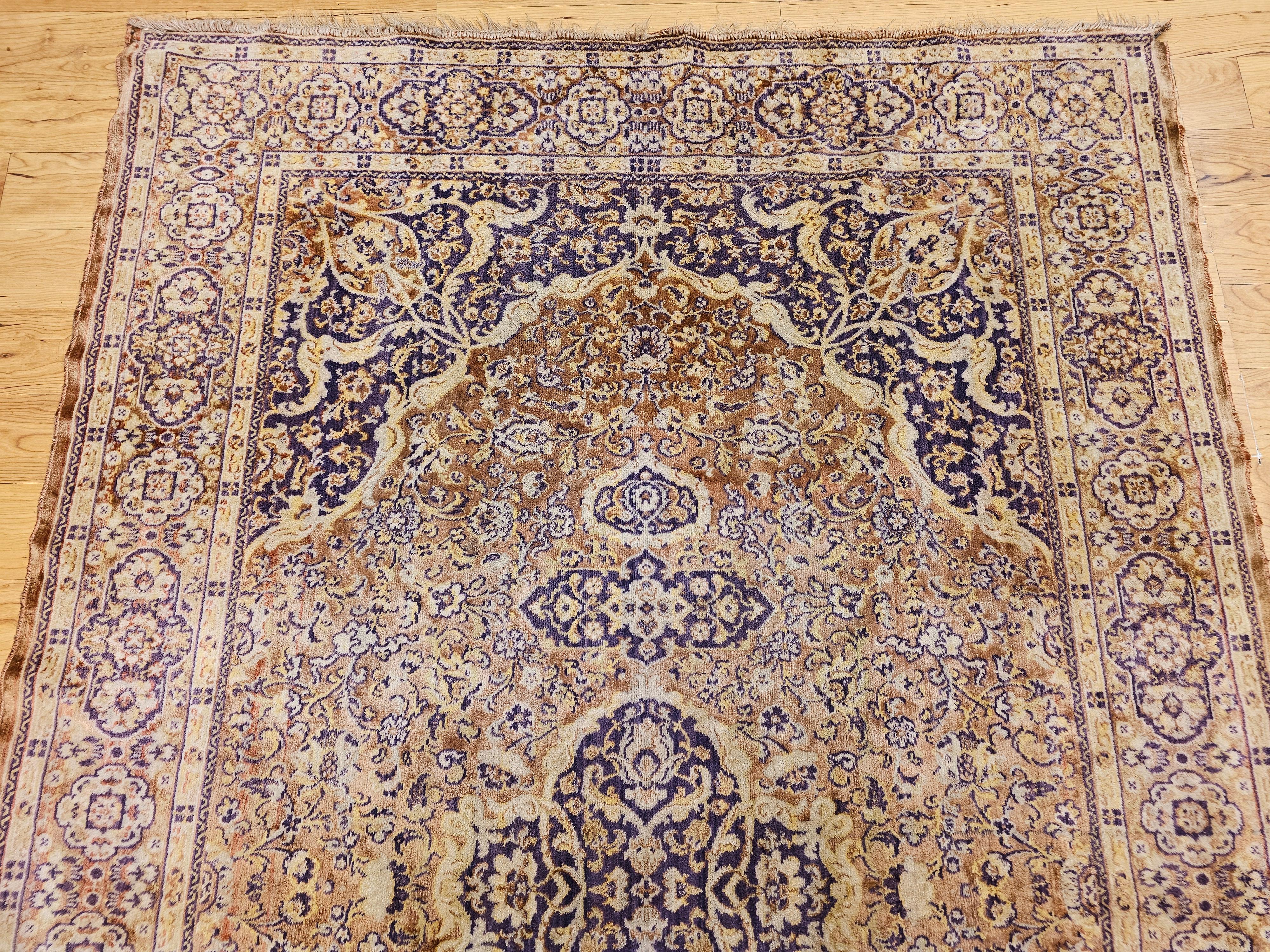 20th Century Vintage Turkish Silk Area Rug with Floral Medallion Design in Brown, Lavender For Sale