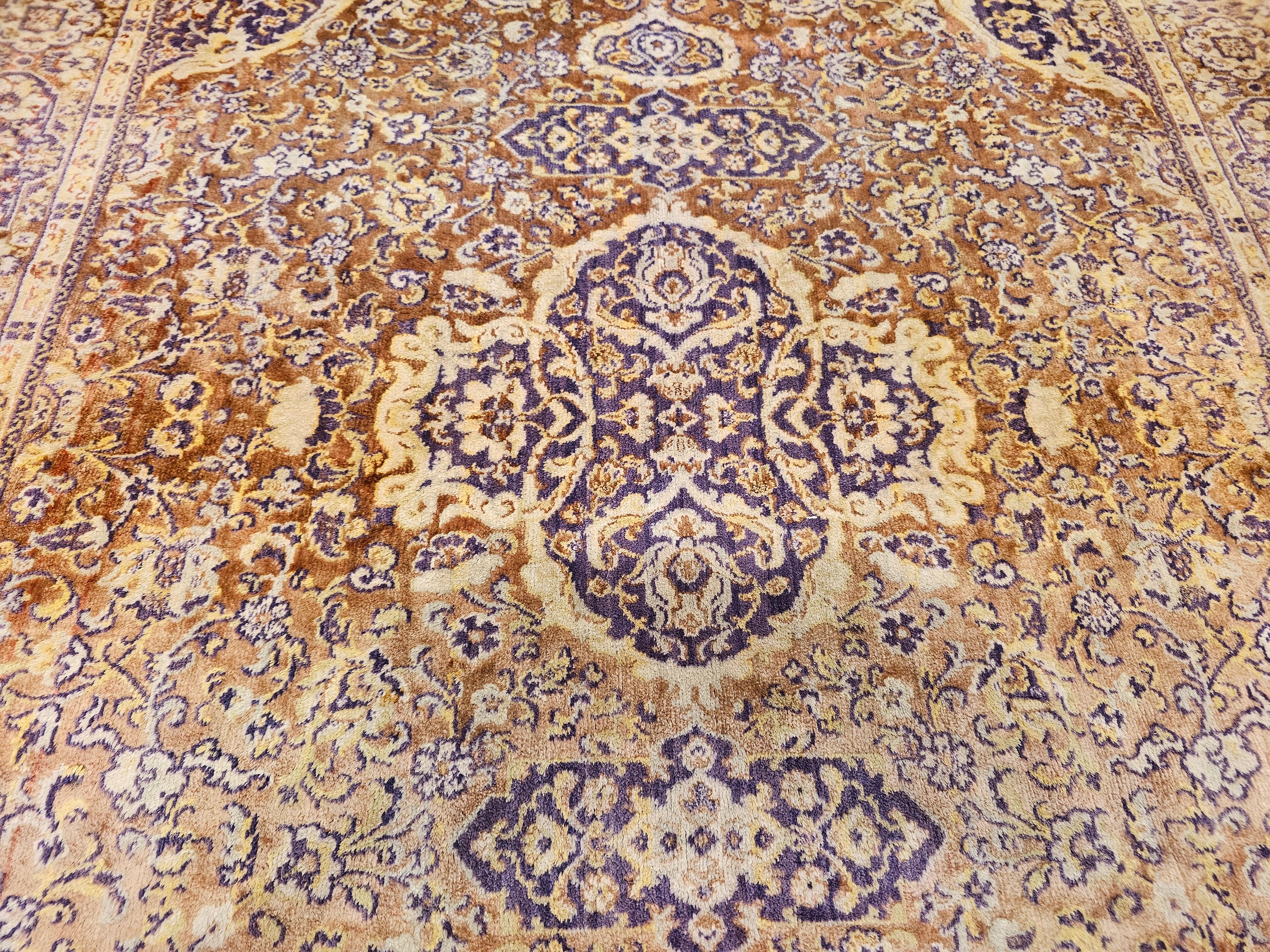 Vintage Turkish Silk Area Rug with Floral Medallion Design in Brown, Lavender For Sale 4