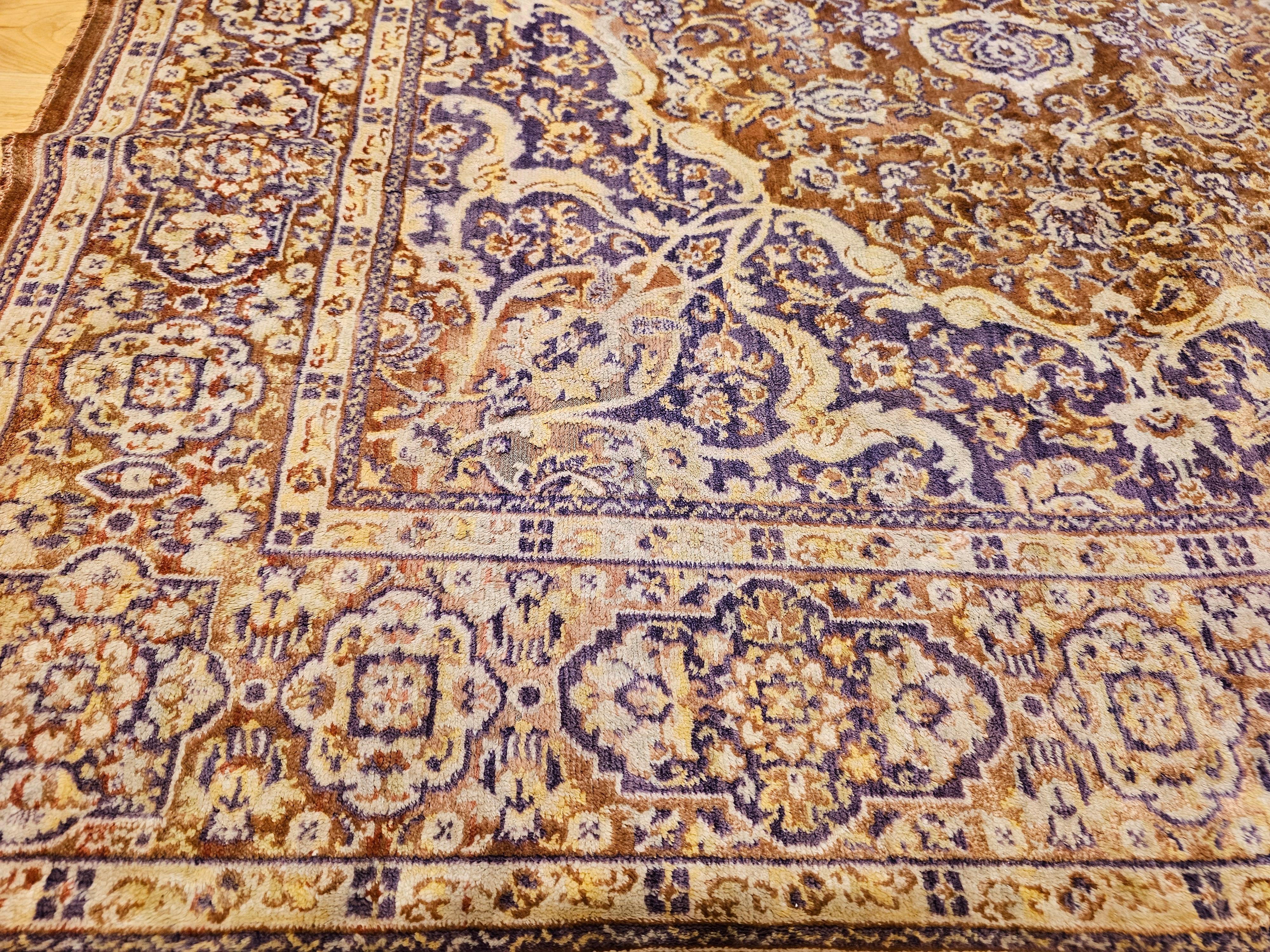 Vintage Turkish Silk Area Rug with Floral Medallion Design in Brown, Lavender For Sale 5