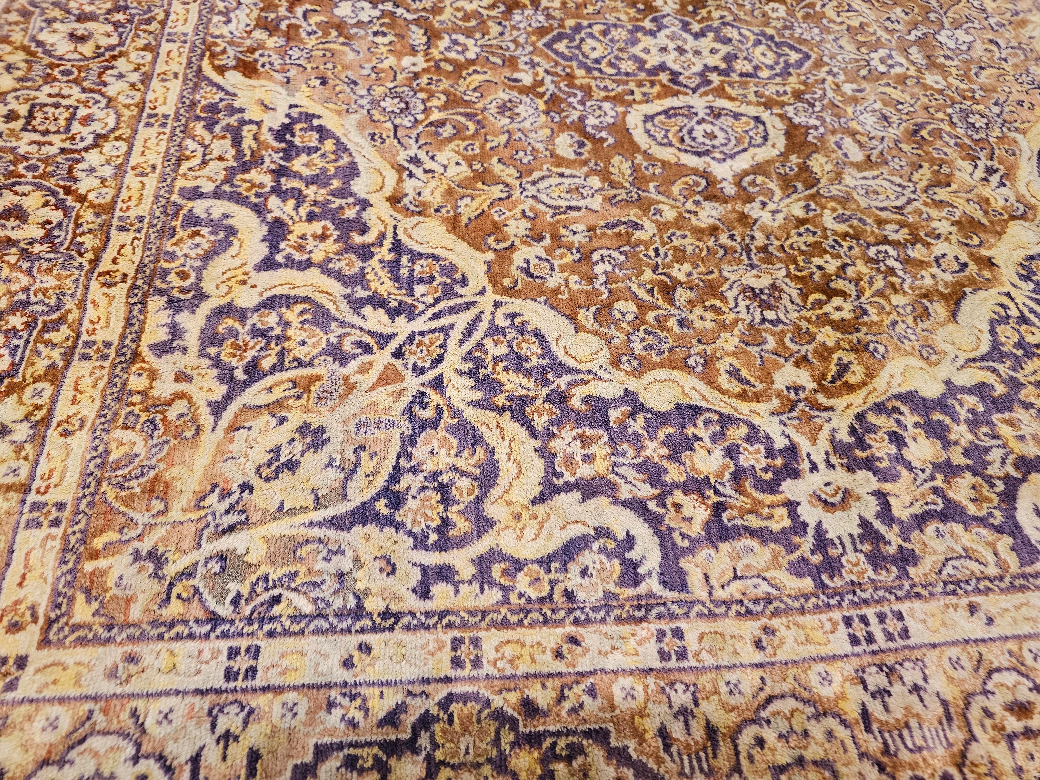 Vintage Turkish Silk Area Rug with Floral Medallion Design in Brown, Lavender For Sale 6