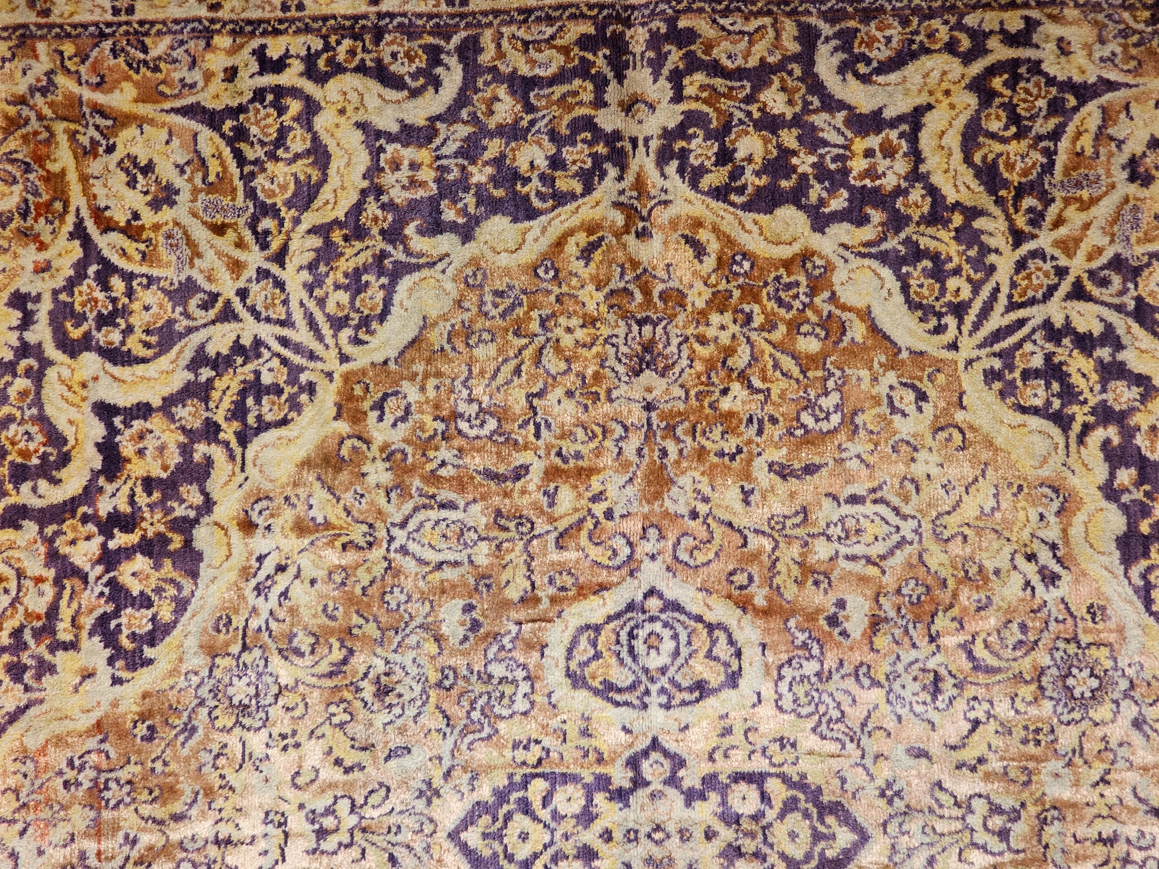 Vintage Turkish Silk Area Rug with Floral Medallion Design in Brown, Lavender For Sale 1