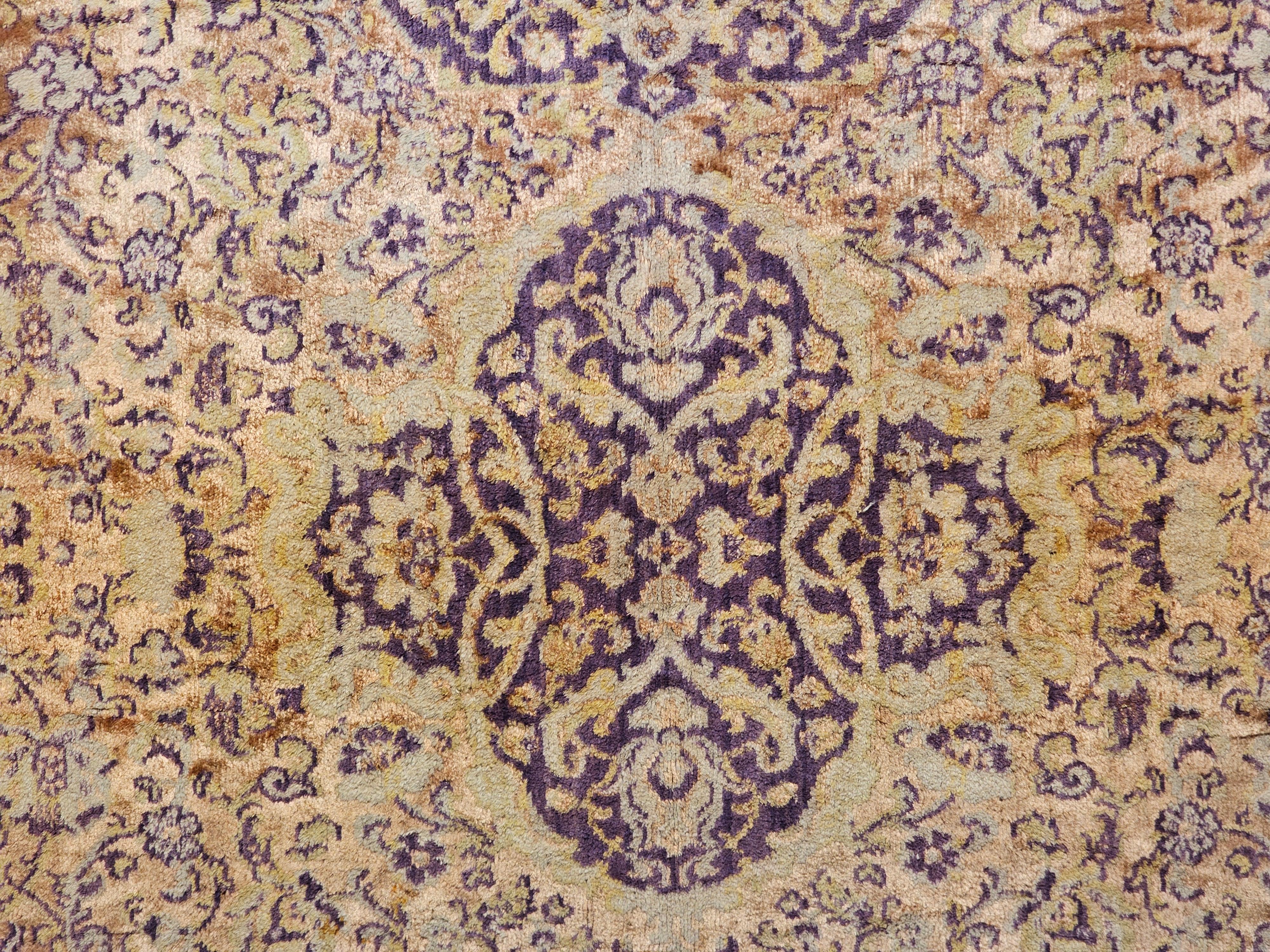 Vintage Turkish Silk Area Rug with Floral Medallion Design in Brown, Lavender For Sale 2