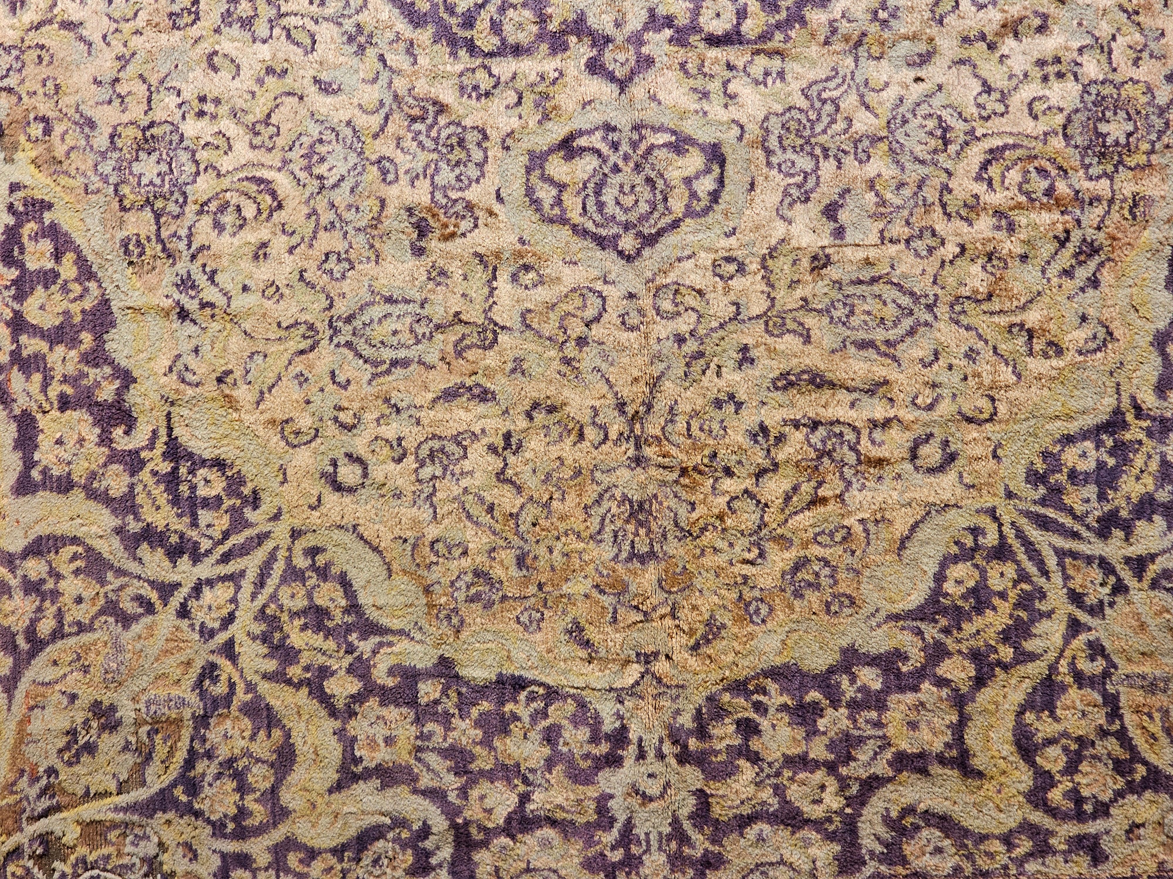Vintage Turkish Silk Area Rug with Floral Medallion Design in Brown, Lavender For Sale 3