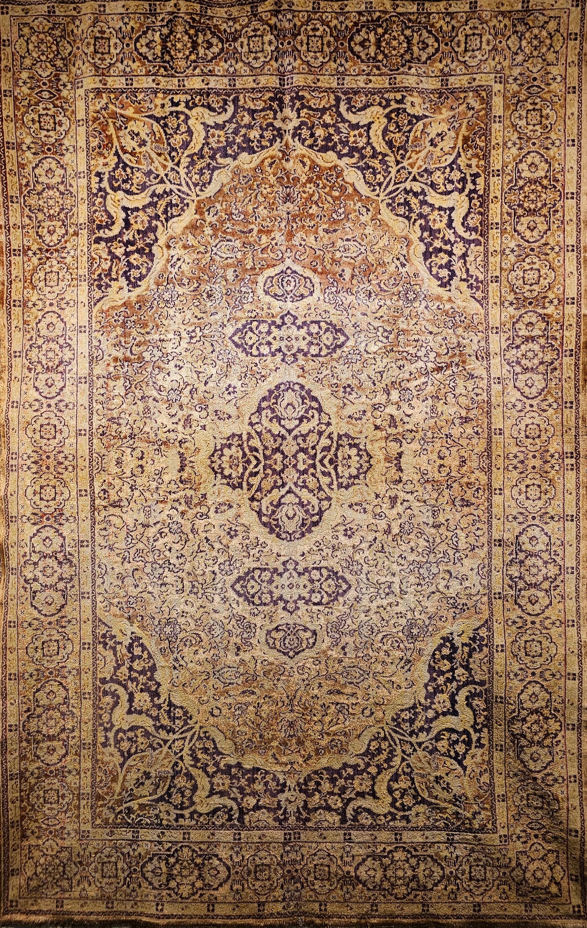Vintage Turkish Silk Area Rug with Floral Medallion Design in Brown, Lavender For Sale
