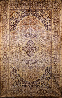 Vintage Turkish Silk Area Rug with Floral Medallion Design in Brown, Lavender